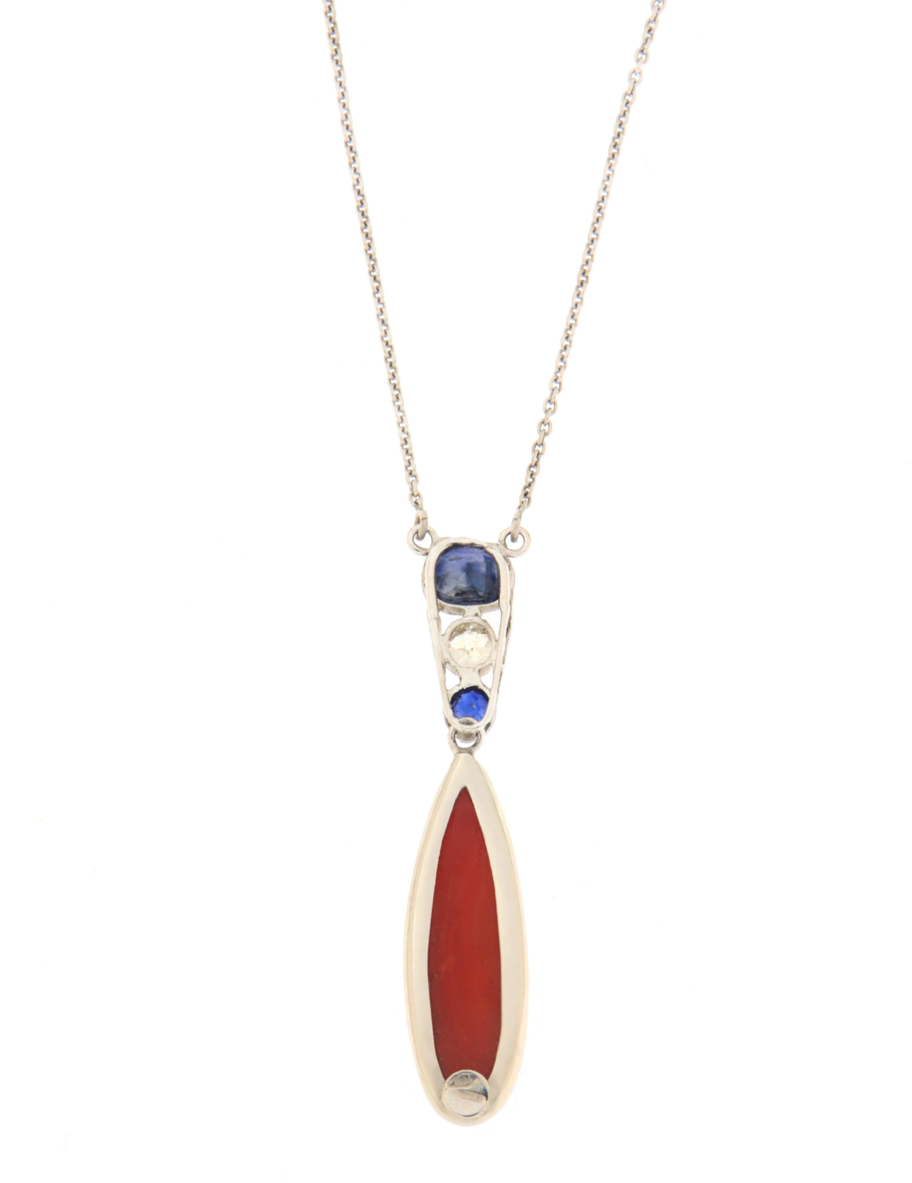Artisan Coral Diamonds Sapphires 18 Karat Wight Gold Drop Necklace For Sale