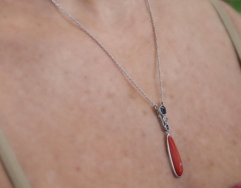Coral Diamonds Sapphires 18 Karat Wight Gold Drop Necklace For Sale at ...