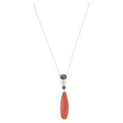 Retro Coral Diamonds Sapphires 18 Karat Wight Gold Drop Necklace