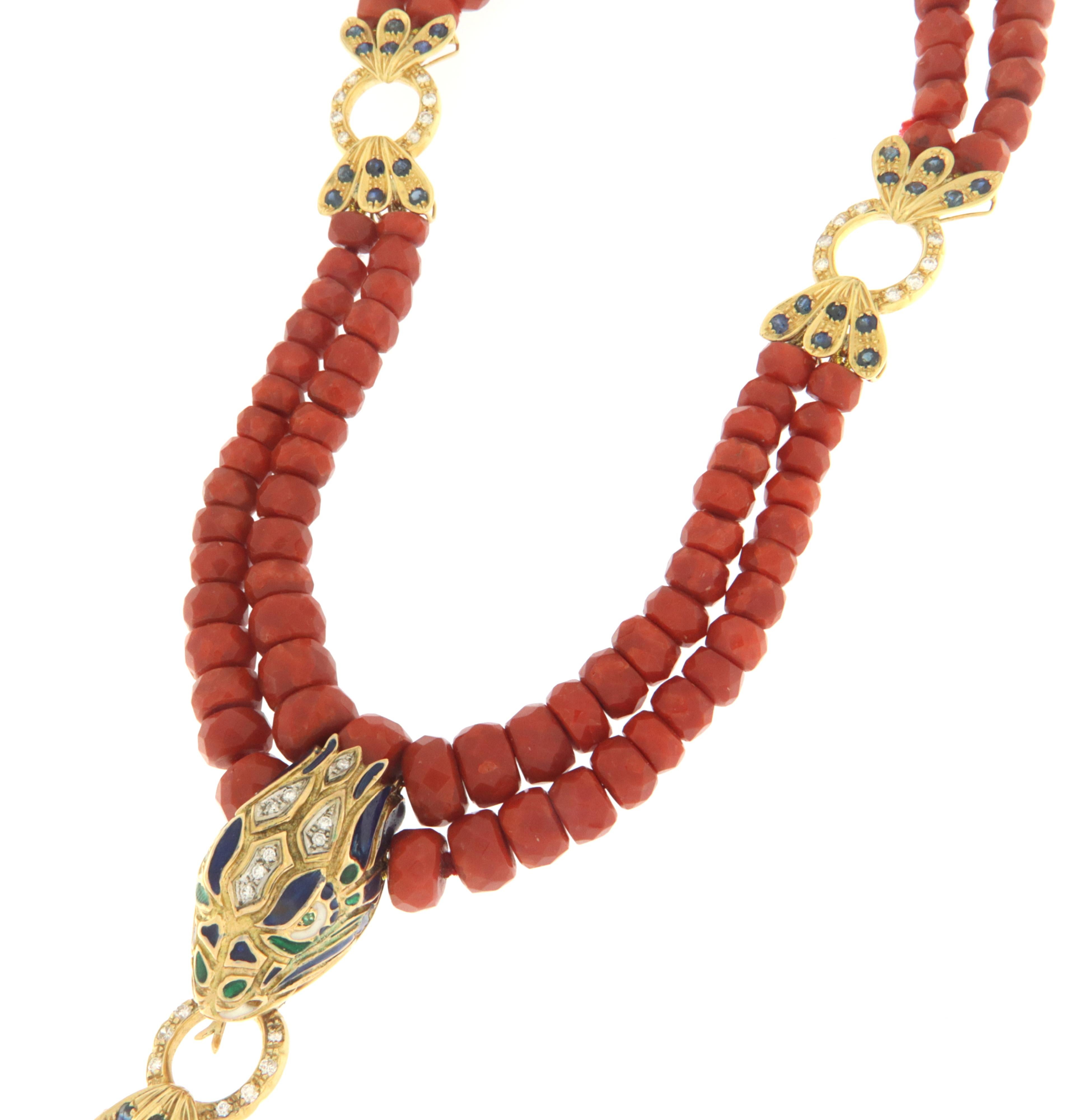 Artisan Coral Diamonds Sapphires 18 Karat Yellow Gold Snake Pendant Necklace For Sale