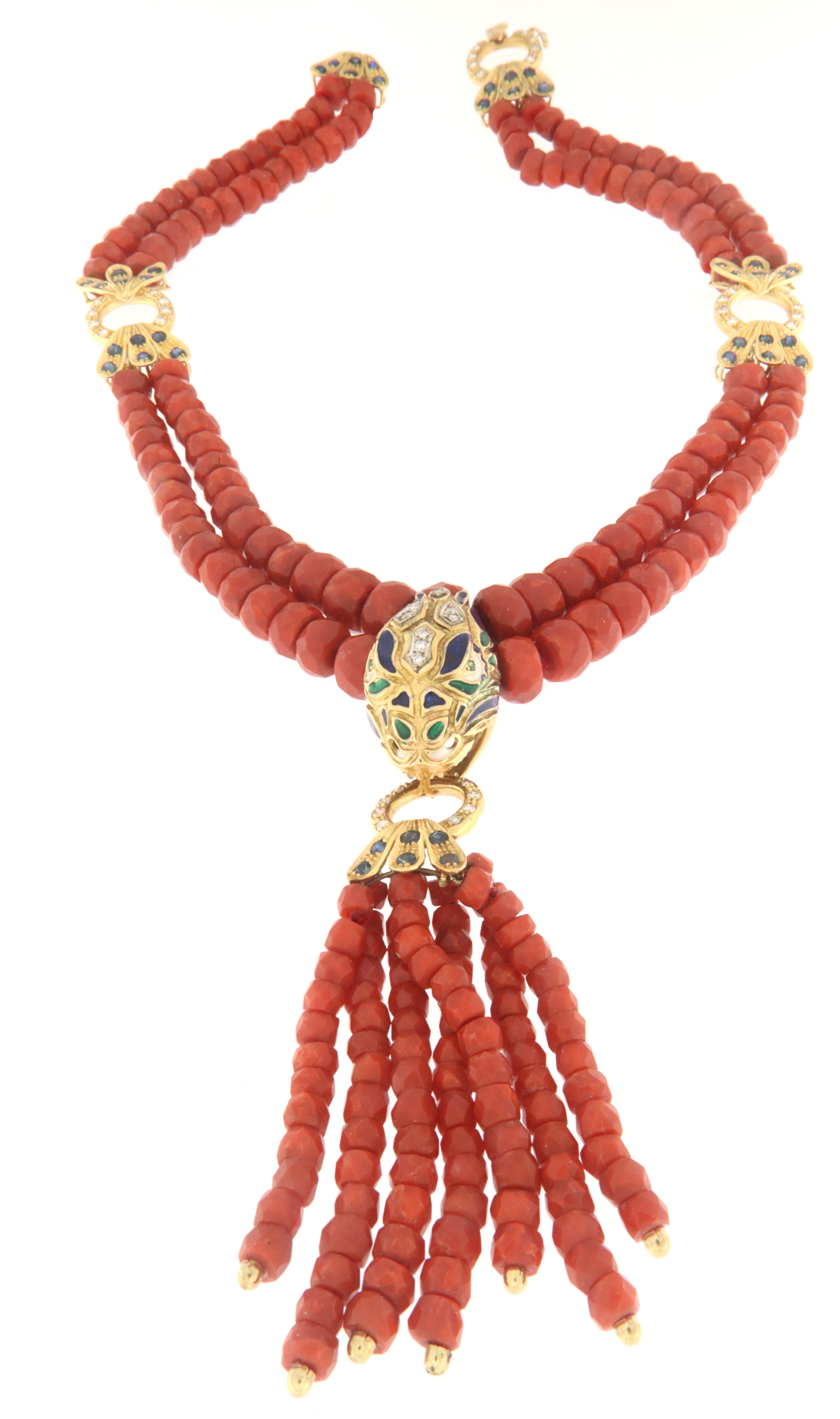 Koralle Diamanten Saphire 18 Karat Gelbgold Schlange Anhänger Halskette im Zustand „Neu“ im Angebot in Marcianise, IT