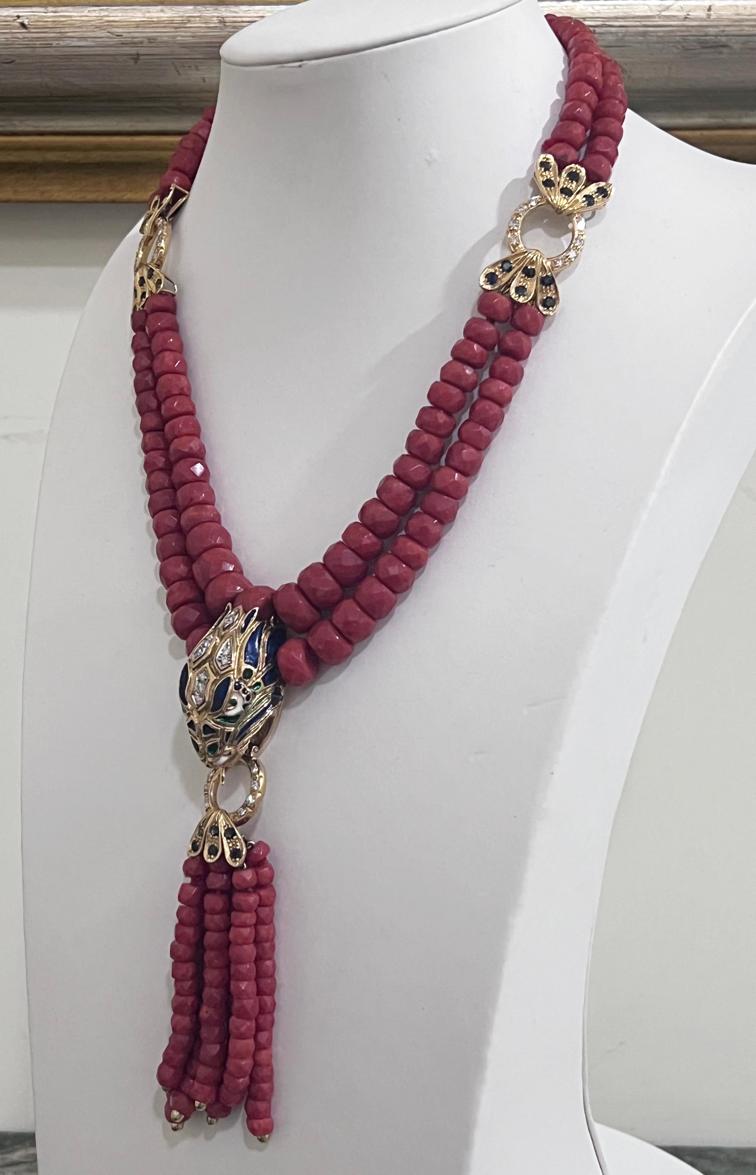 Women's Coral Diamonds Sapphires 18 Karat Yellow Gold Snake Pendant Necklace For Sale