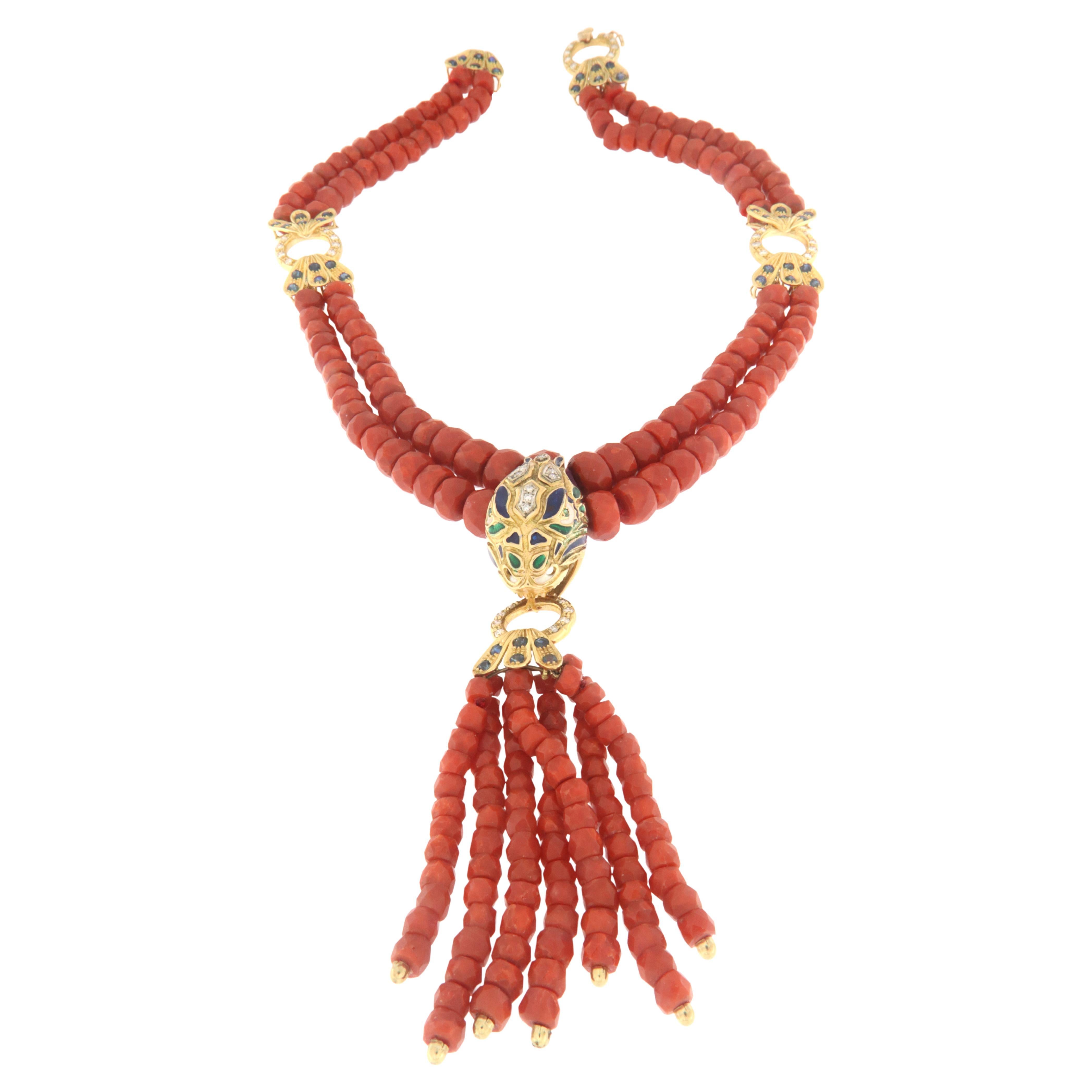 Coral Diamonds Sapphires 18 Karat Yellow Gold Snake Pendant Necklace
