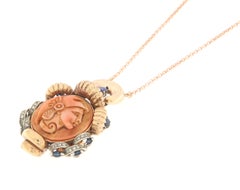 Coral Diamonds Sapphires 9 Karat White and Yellow Gold Pendant Necklace
