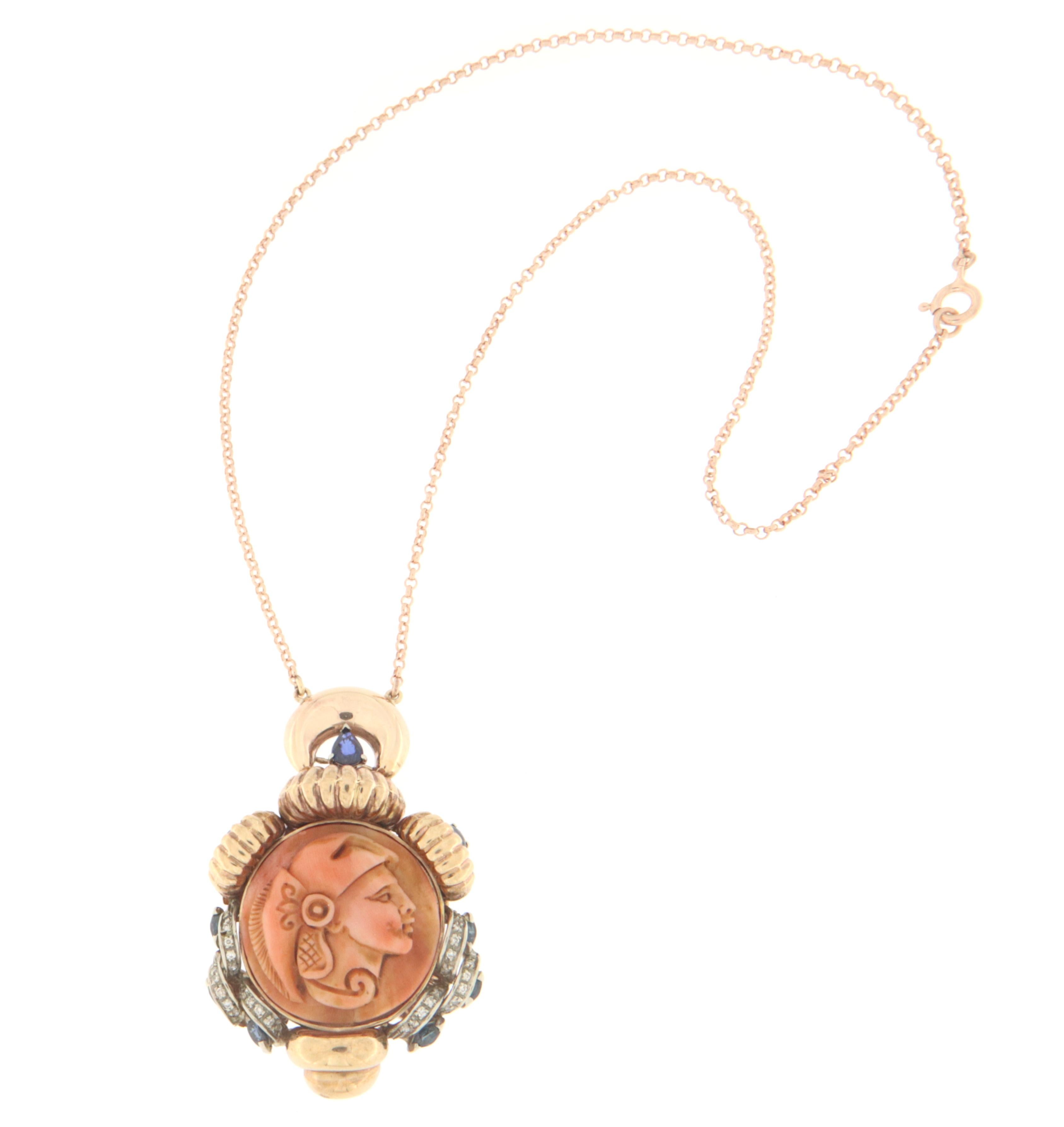 Art Deco Coral Diamonds Sapphires 9 Karat White and Yellow Gold Pendant Necklace For Sale
