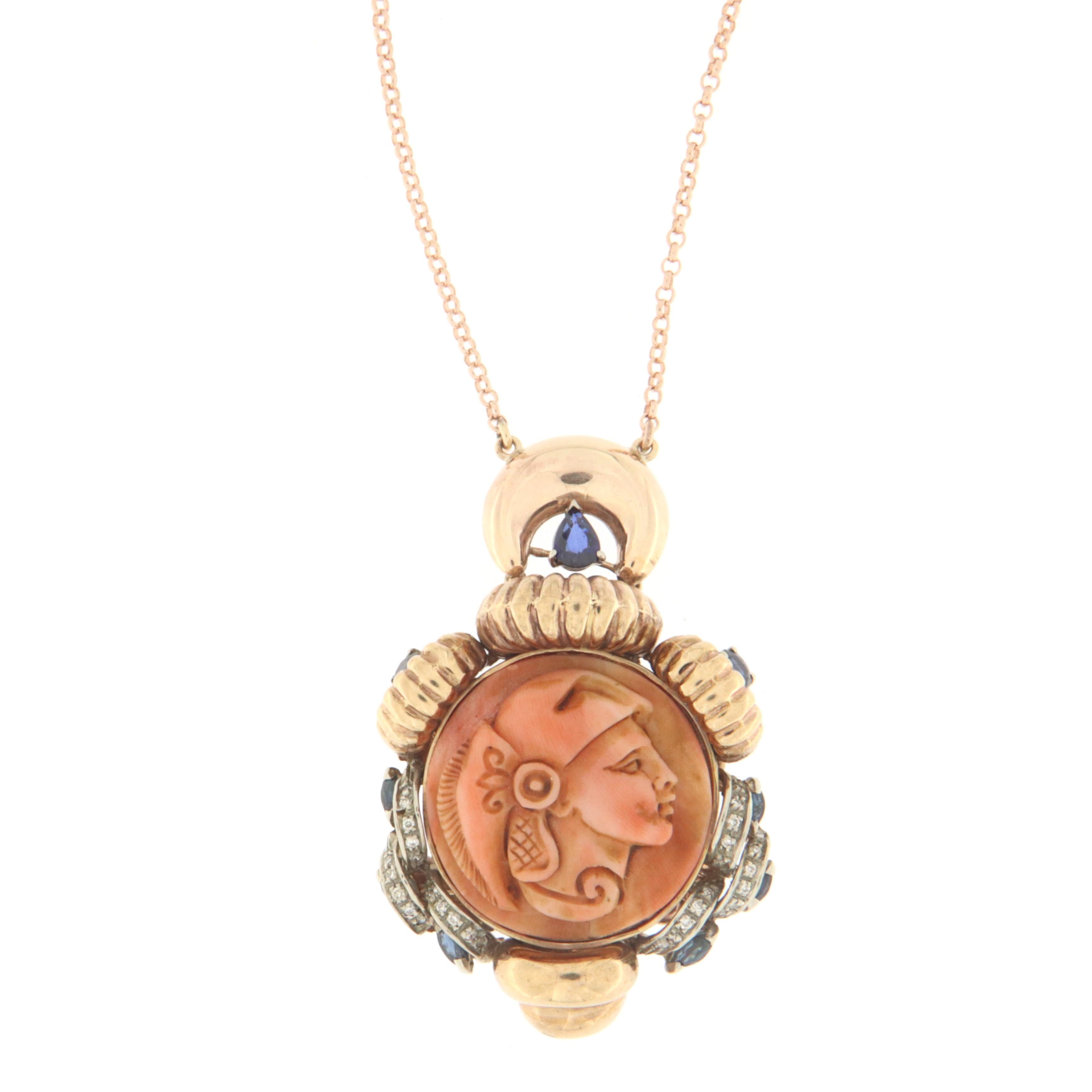 Brilliant Cut Coral Diamonds Sapphires 9 Karat White and Yellow Gold Pendant Necklace For Sale