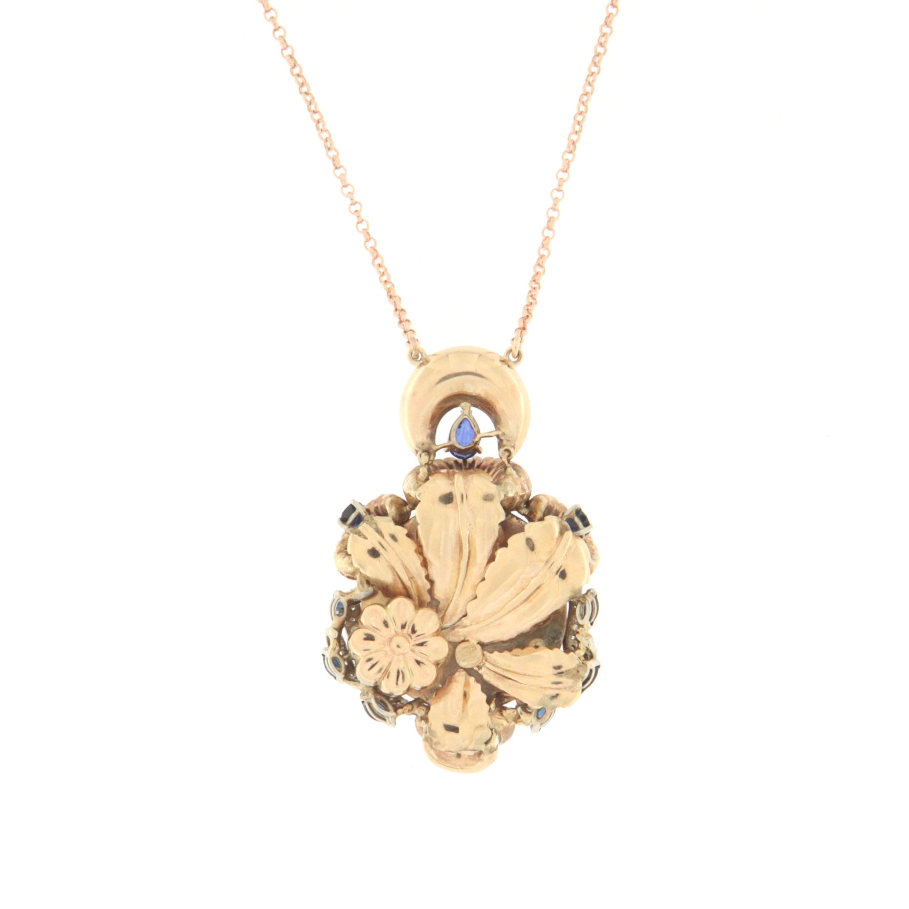 Women's Coral Diamonds Sapphires 9 Karat White and Yellow Gold Pendant Necklace For Sale