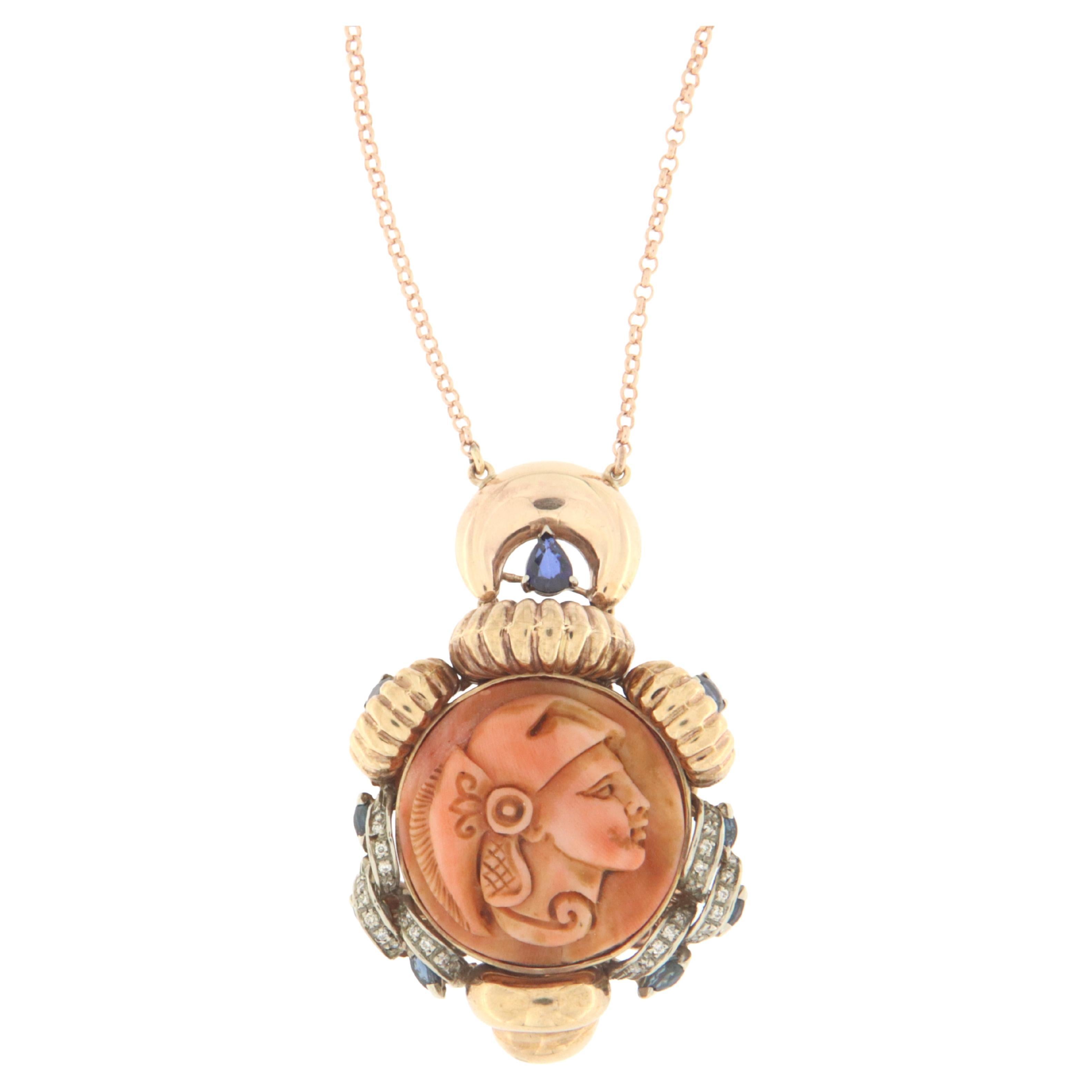 Coral Diamonds Sapphires 9 Karat White and Yellow Gold Pendant Necklace For Sale