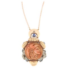 Coral Diamonds Sapphires 9 Karat White and Yellow Gold Pendant Necklace