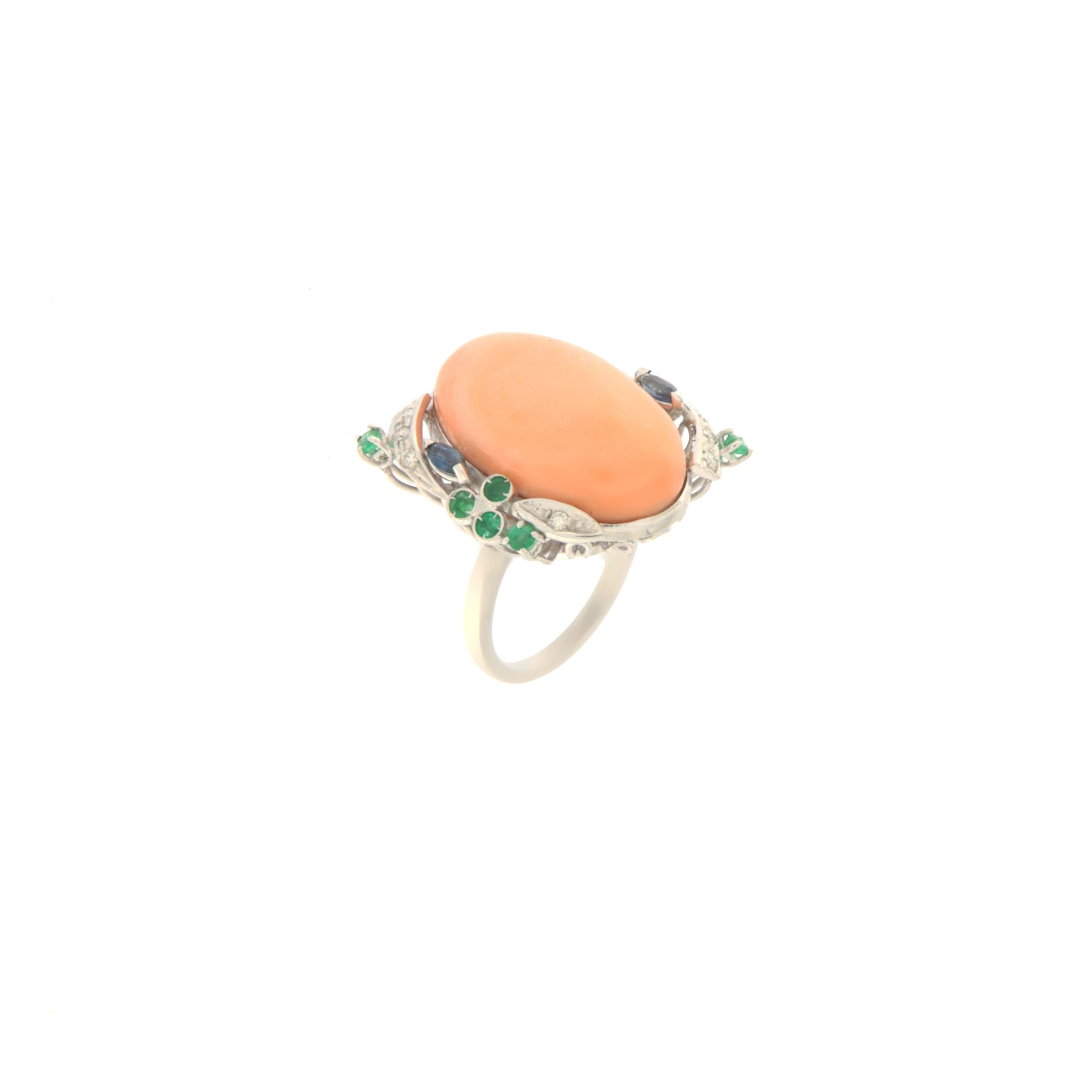 Artisan Coral Diamonds Sapphires Emeralds 18 Karat White Gold Cocktail Ring For Sale