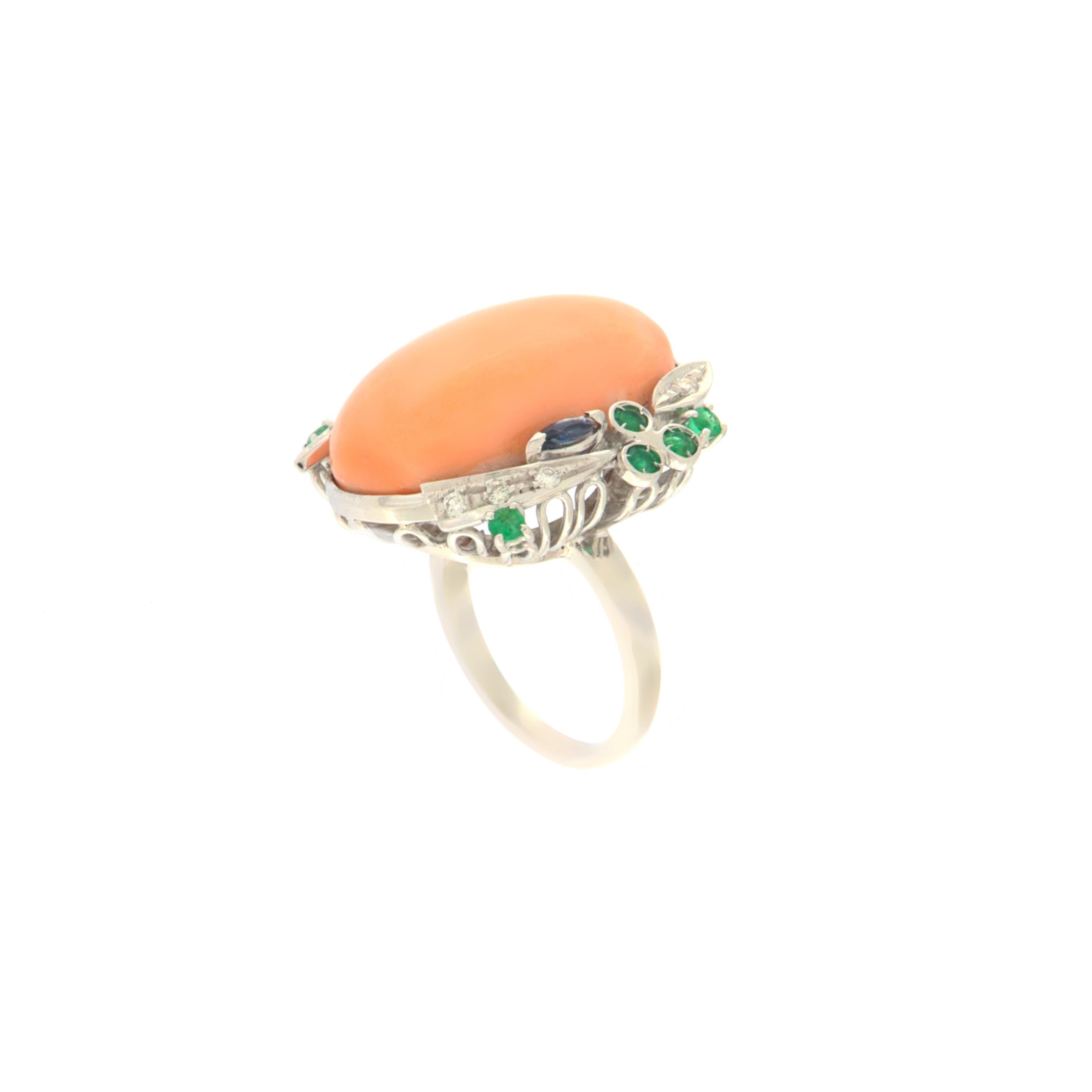 Brilliant Cut Coral Diamonds Sapphires Emeralds 18 Karat White Gold Cocktail Ring For Sale