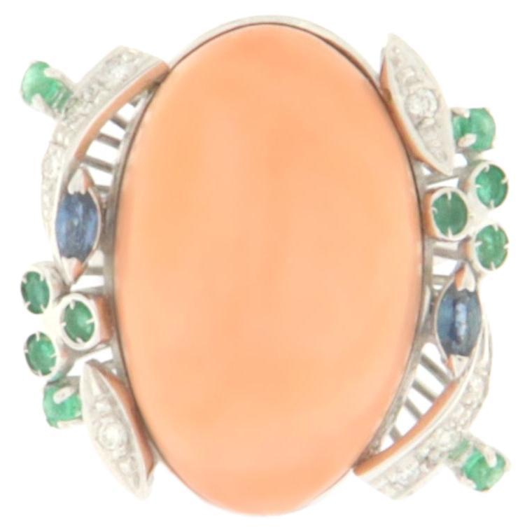 Coral Diamonds Sapphires Emeralds 18 Karat White Gold Cocktail Ring