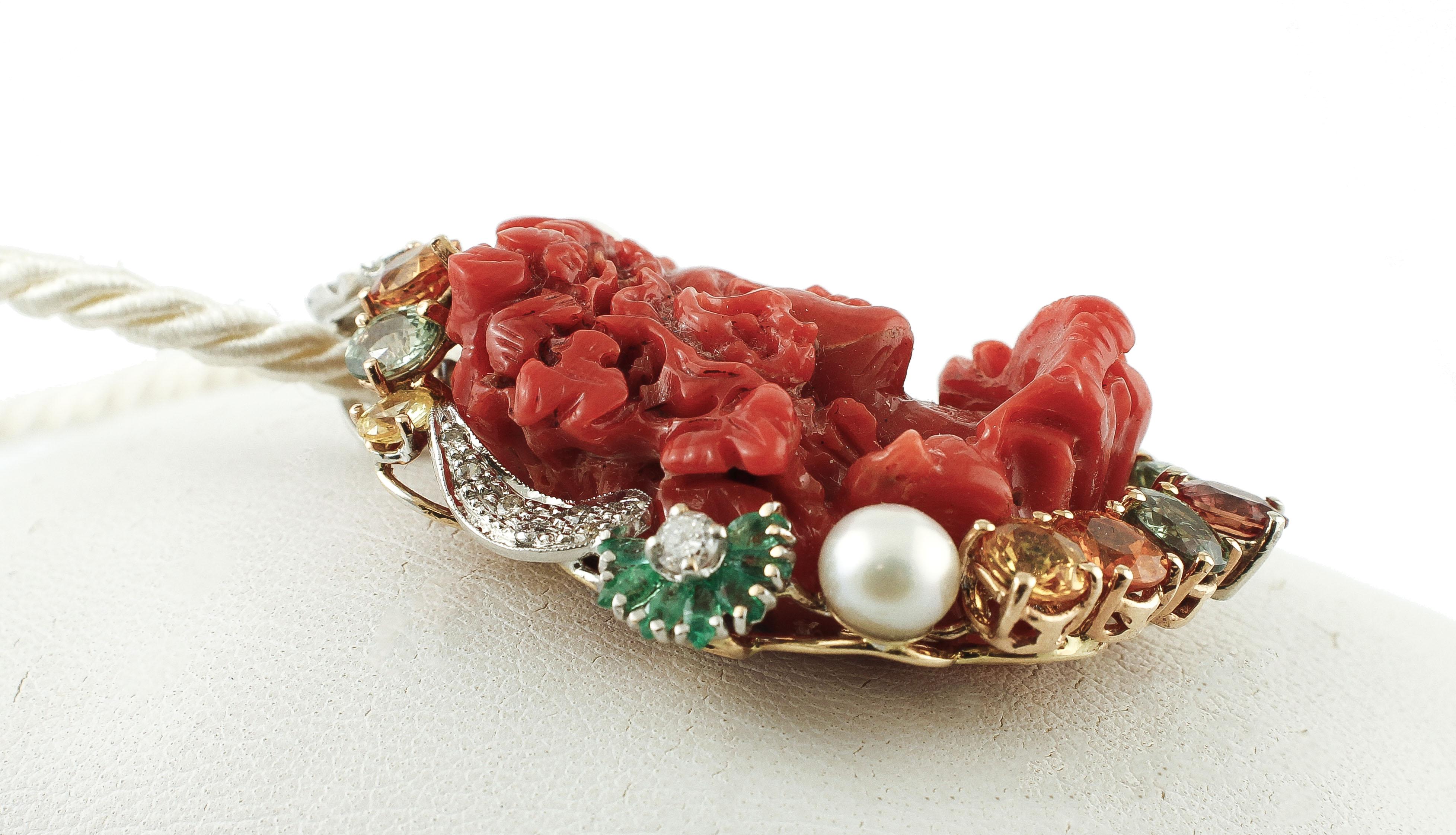 Retro Red Coral, Diamonds, Sapphires, Emeralds, Pearls, White & Rose Gold Pendant