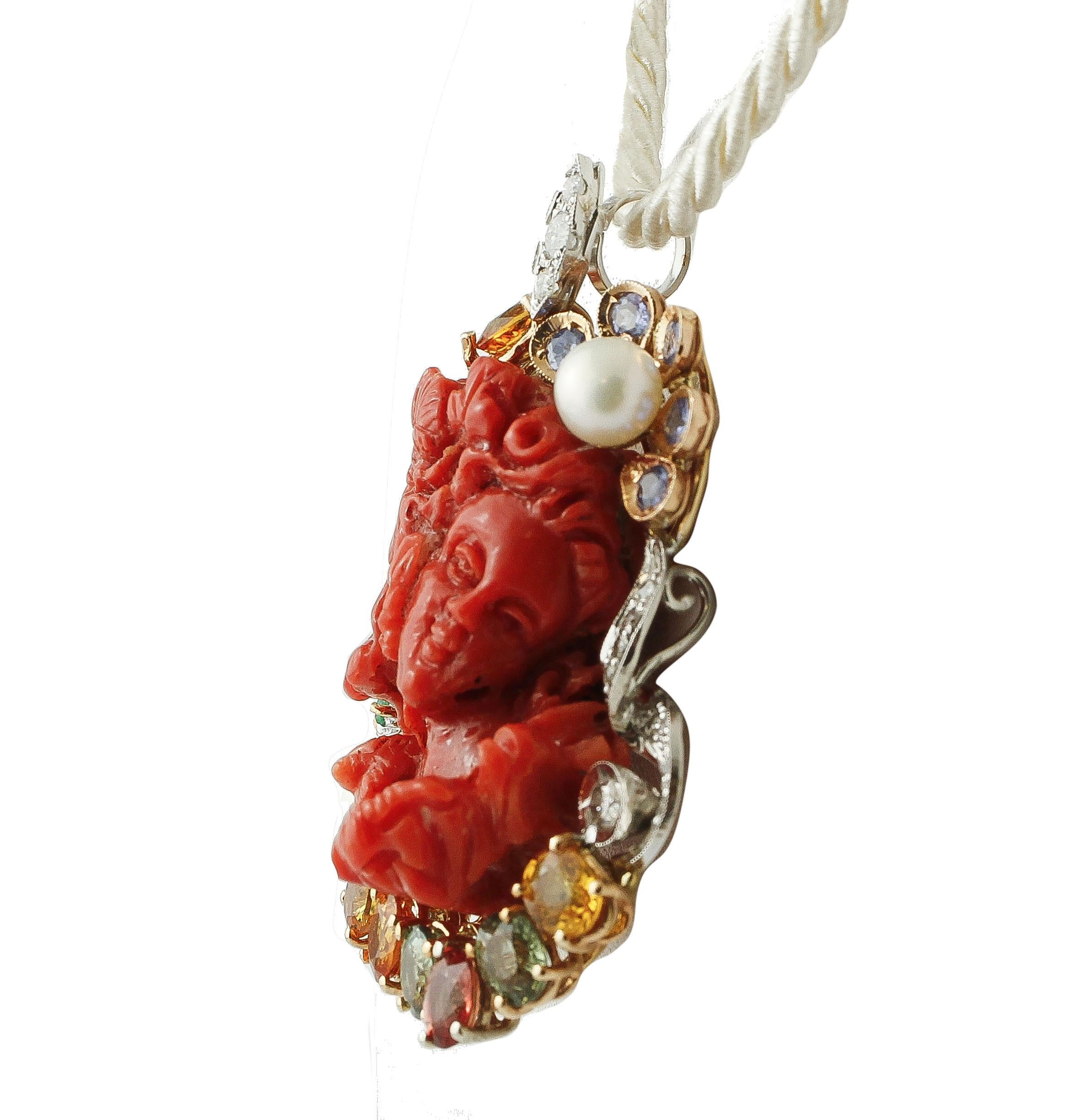 Mixed Cut Red Coral, Diamonds, Sapphires, Emeralds, Pearls, White & Rose Gold Pendant