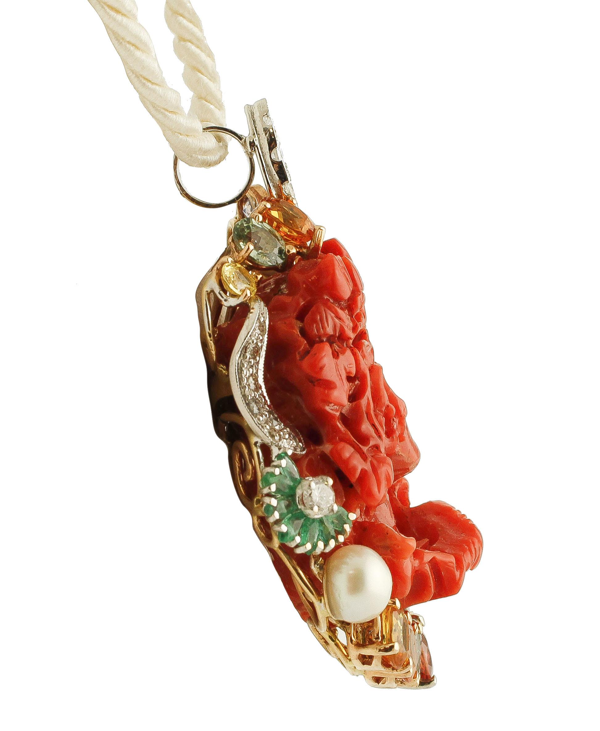 Red Coral, Diamonds, Sapphires, Emeralds, Pearls, White & Rose Gold Pendant In Excellent Condition In Marcianise, Marcianise (CE)