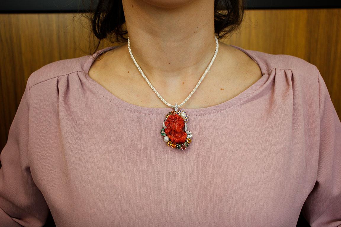 Women's Red Coral, Diamonds, Sapphires, Emeralds, Pearls, White & Rose Gold Pendant