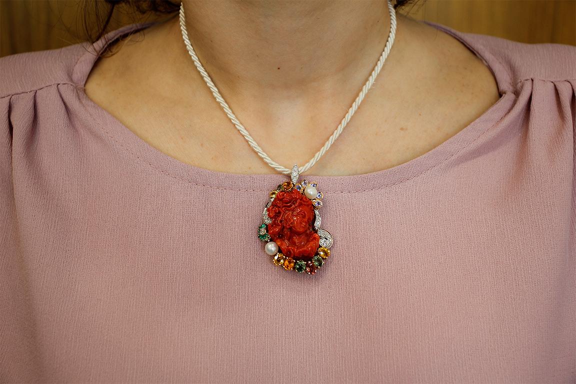 Red Coral, Diamonds, Sapphires, Emeralds, Pearls, White & Rose Gold Pendant 1
