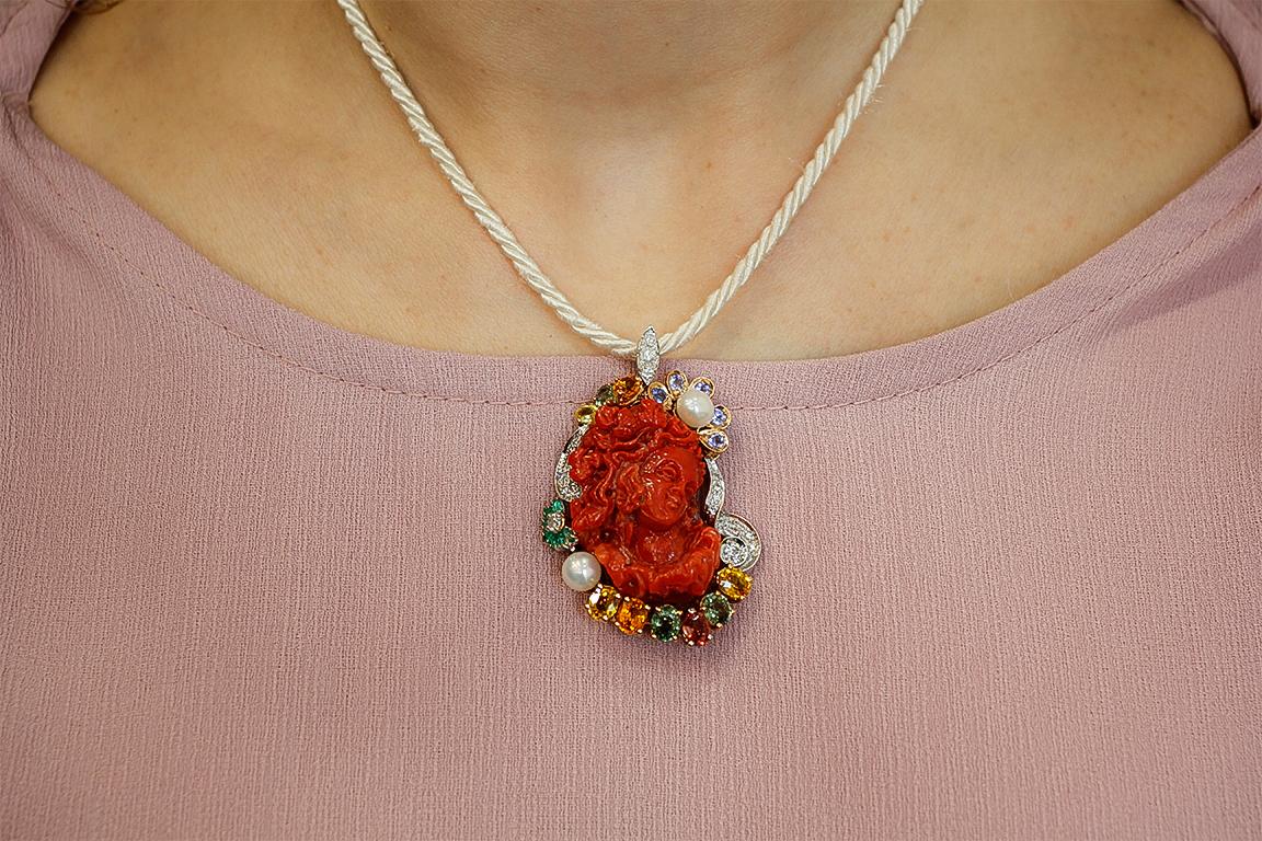 Red Coral, Diamonds, Sapphires, Emeralds, Pearls, White & Rose Gold Pendant 2