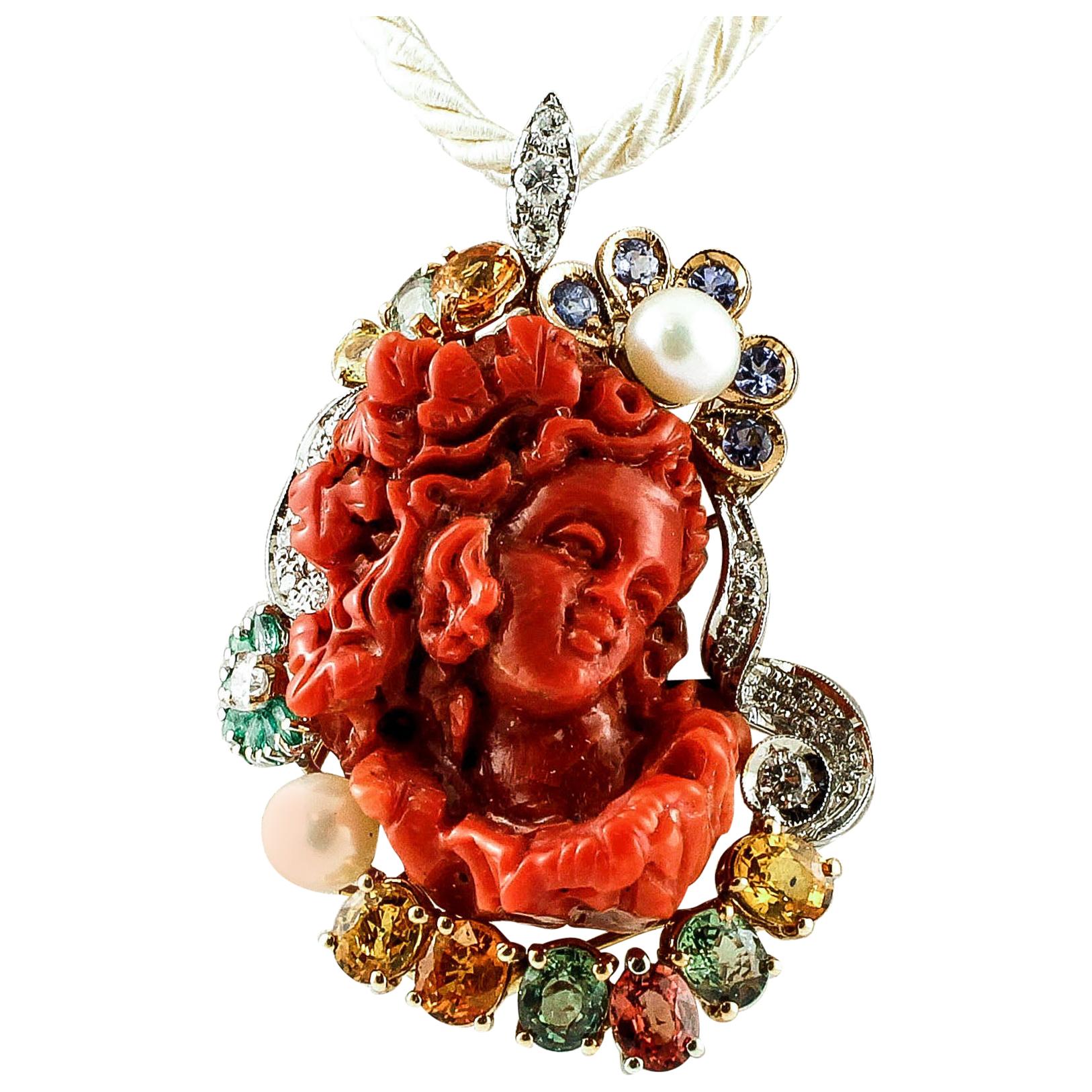 Red Coral, Diamonds, Sapphires, Emeralds, Pearls, White & Rose Gold Pendant