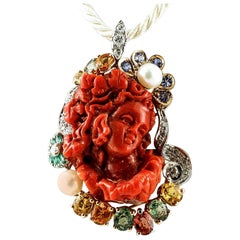 Red Coral, Diamonds, Sapphires, Emeralds, Pearls, White & Rose Gold Pendant