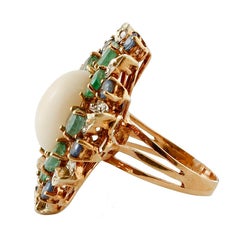 Coral, Diamonds, Sapphires, Emeralds, Rose Gold and Silver Retro Ring