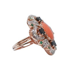 Coral, Diamonds, Sapphires, Emeralds, Rose Gold and Silver Ring.