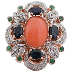 Coral, Diamonds, Sapphires, Emeralds, Rose Gold and Silver Ring.
