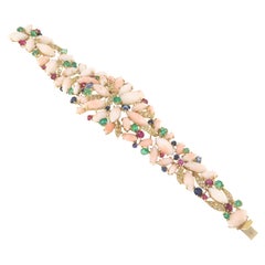 Coral Diamonds Sapphires Emeralds Rubies Yellow Gold 18 Karat Cuff Bracelet
