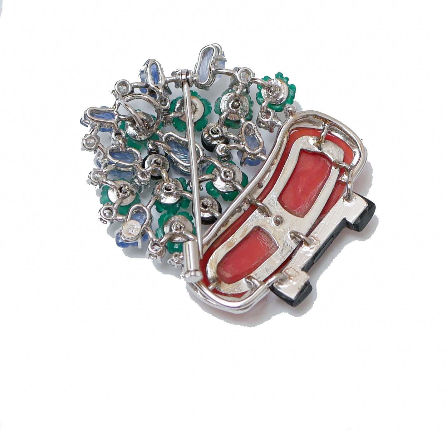 Retro Coral, Diamonds, Sapphires, Onyx,  Agate, Platinum and 18 Kt White Gold Brooch. For Sale