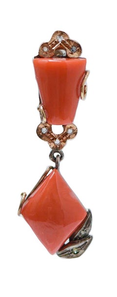 Coral, Diamonds, Sapphires, Rose Gold and Silver Earrings.