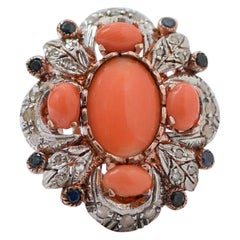 Coral, Diamonds, Sapphires, Rose Gold and Silver Ring. Coral, Diamonds, Sapphires, Rose Gold and Silver Ring.