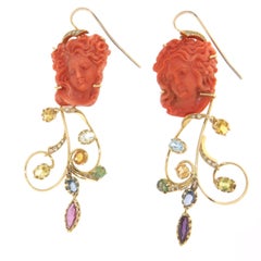 Coral Diamonds Sapphires Rubies 14 Karat Yellow Gold Drop Earring