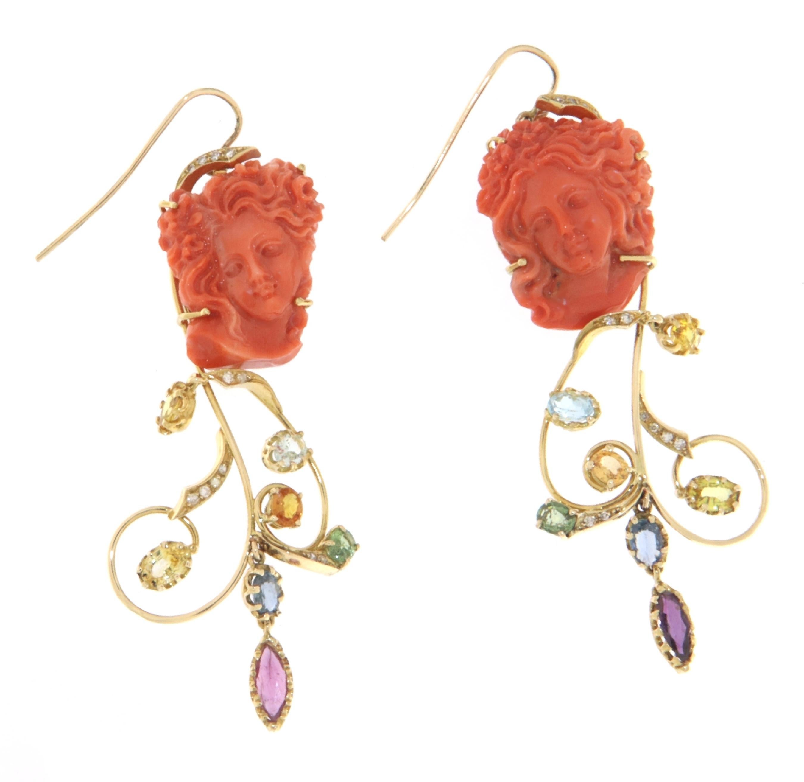 Artisan Coral Diamonds Sapphires Rubies 14 Karat Yellow Gold Drop Earring For Sale