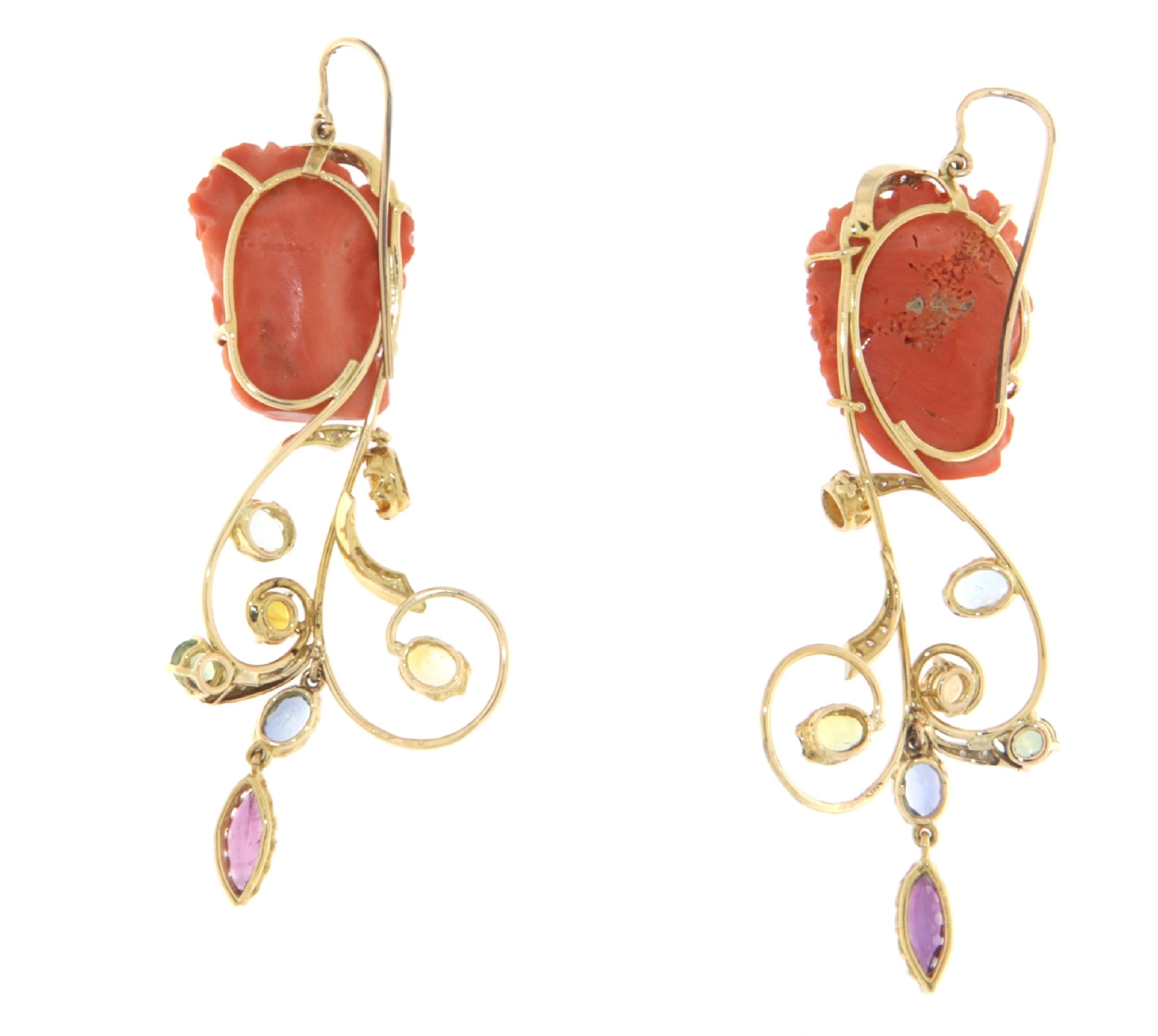 Coral Diamonds Sapphires Rubies 14 Karat Yellow Gold Drop Earring In New Condition For Sale In Marcianise, IT