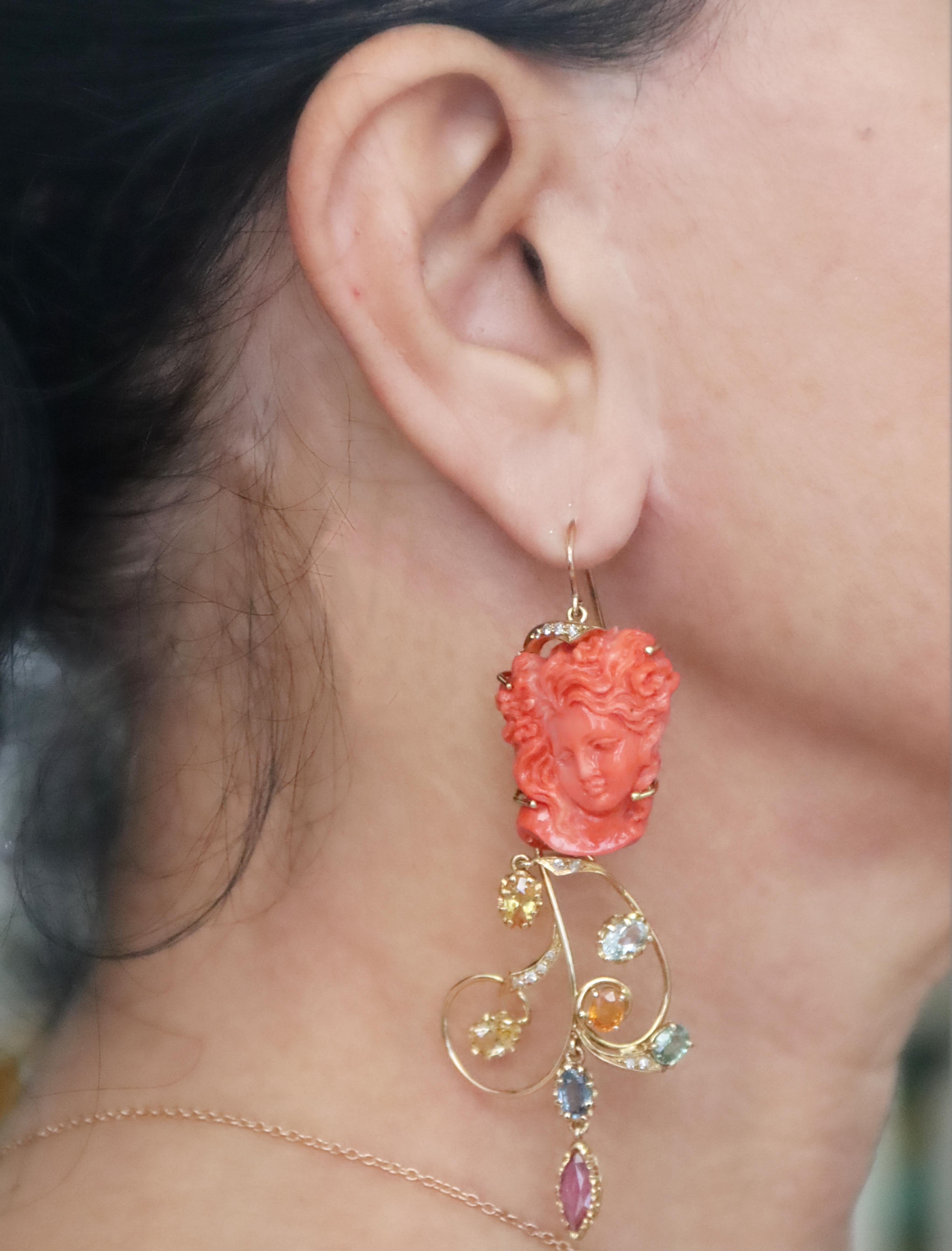 Women's Coral Diamonds Sapphires Rubies 14 Karat Yellow Gold Drop Earring For Sale