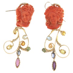 Vintage Coral Diamonds Sapphires Rubies 14 Karat Yellow Gold Drop Earring