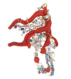 Coral Diamonds Sapphires Rubies Emeralds Pearls 18 Karat Yellow Gold  Pendant