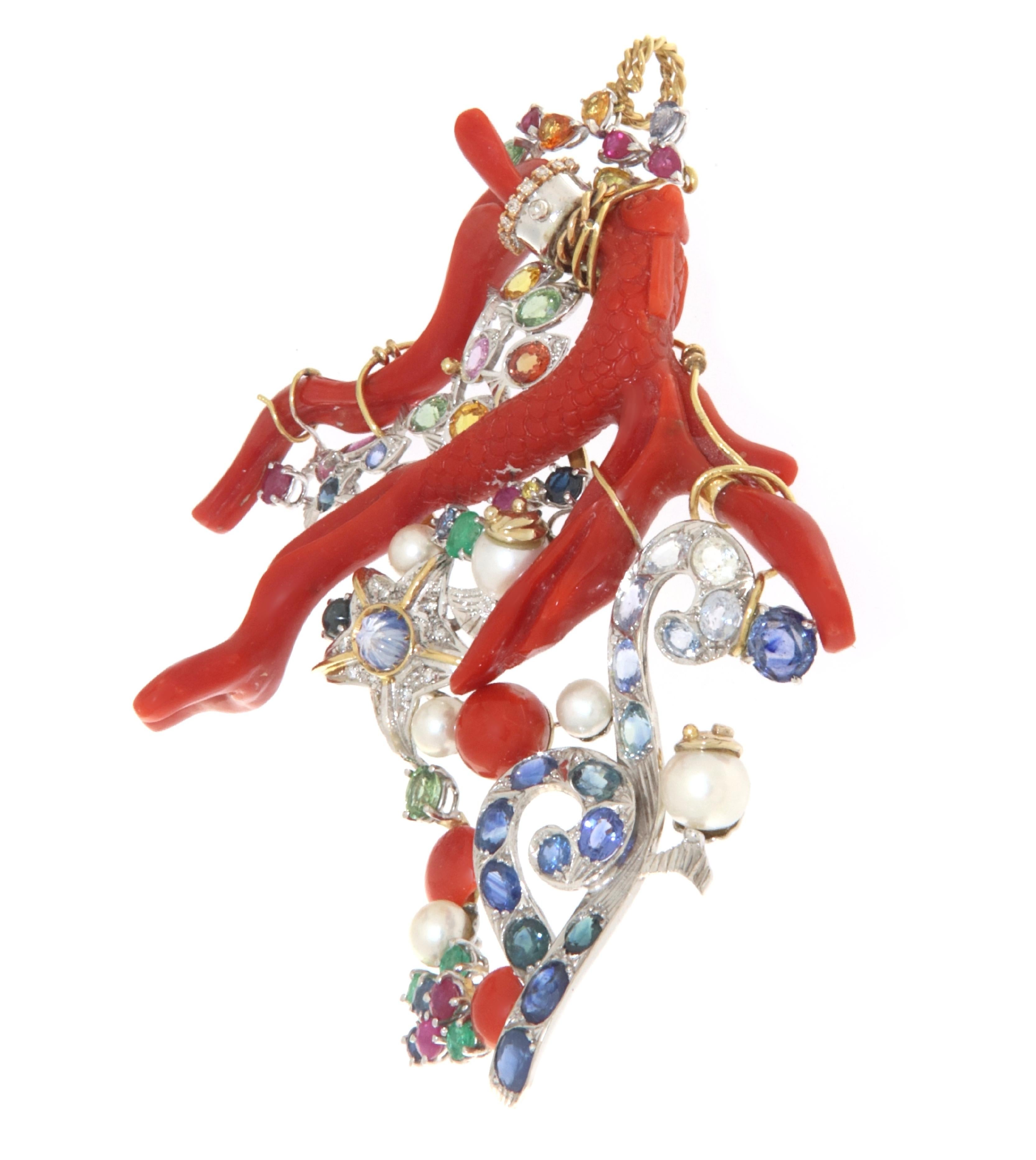 Artisan Coral Diamonds Sapphires Rubies Emeralds Pearls 18 Karat Yellow Gold  Pendant For Sale