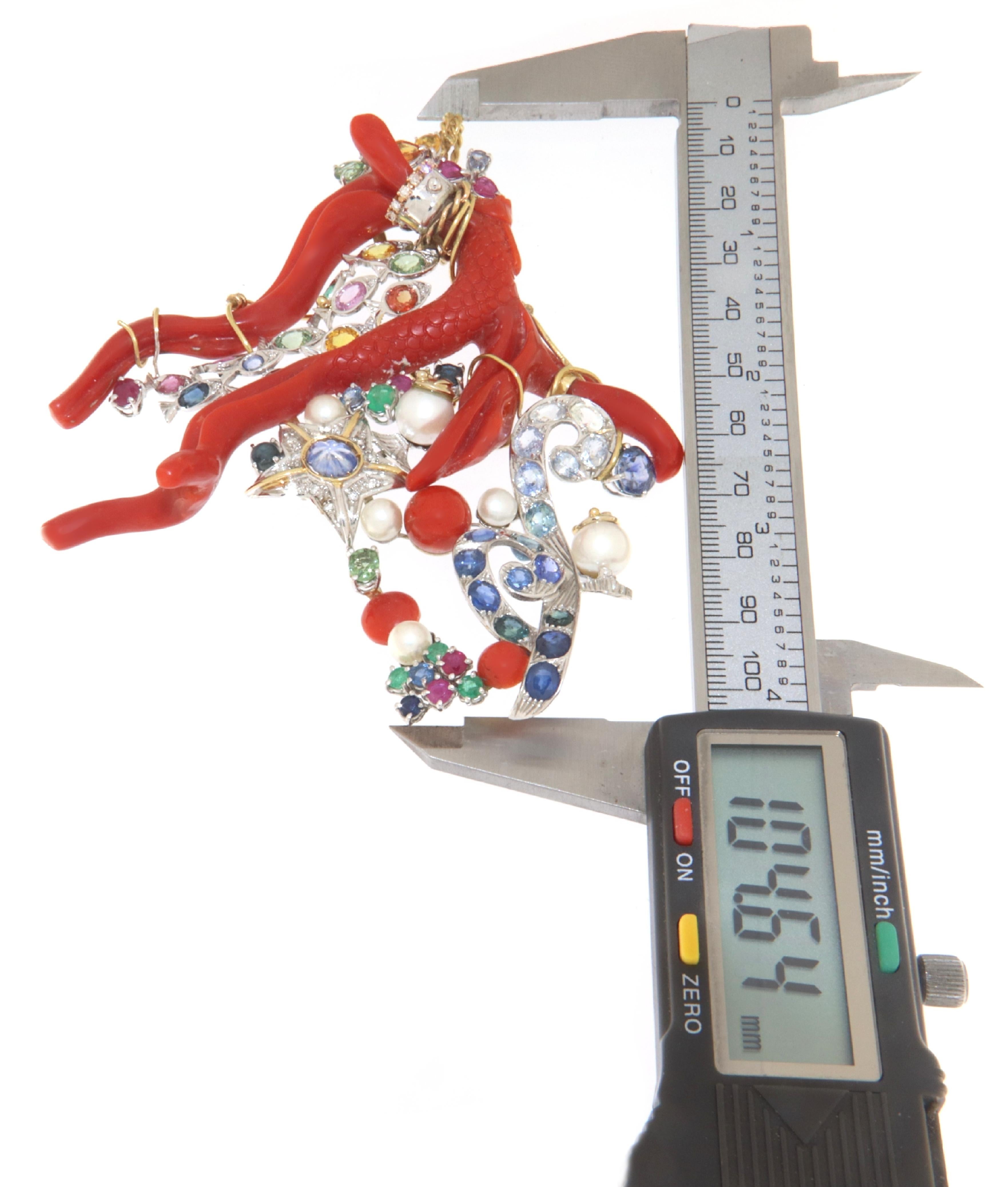 Mixed Cut Coral Diamonds Sapphires Rubies Emeralds Pearls 18 Karat Yellow Gold  Pendant For Sale
