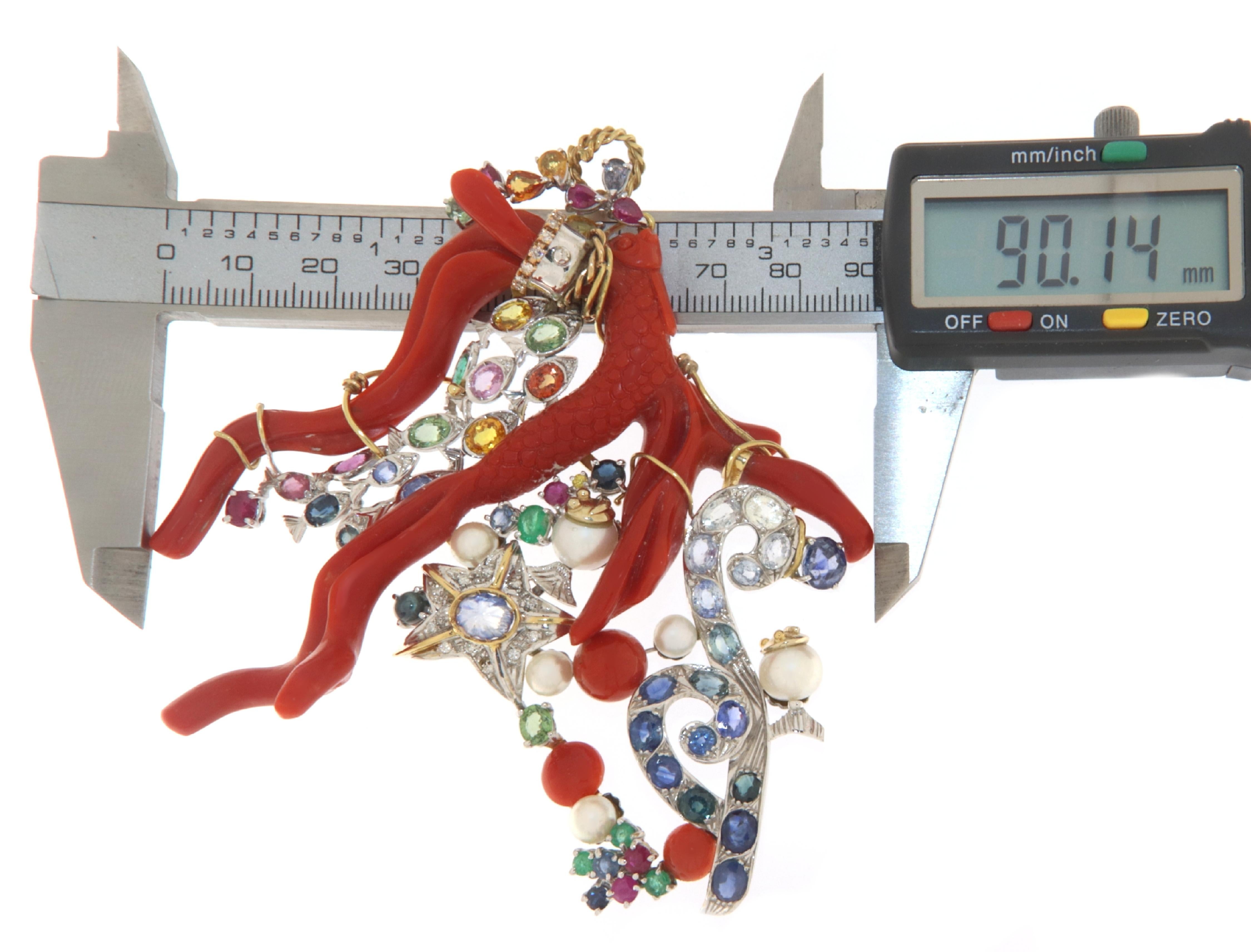 Coral Diamonds Sapphires Rubies Emeralds Pearls 18 Karat Yellow Gold  Pendant In New Condition For Sale In Marcianise, IT