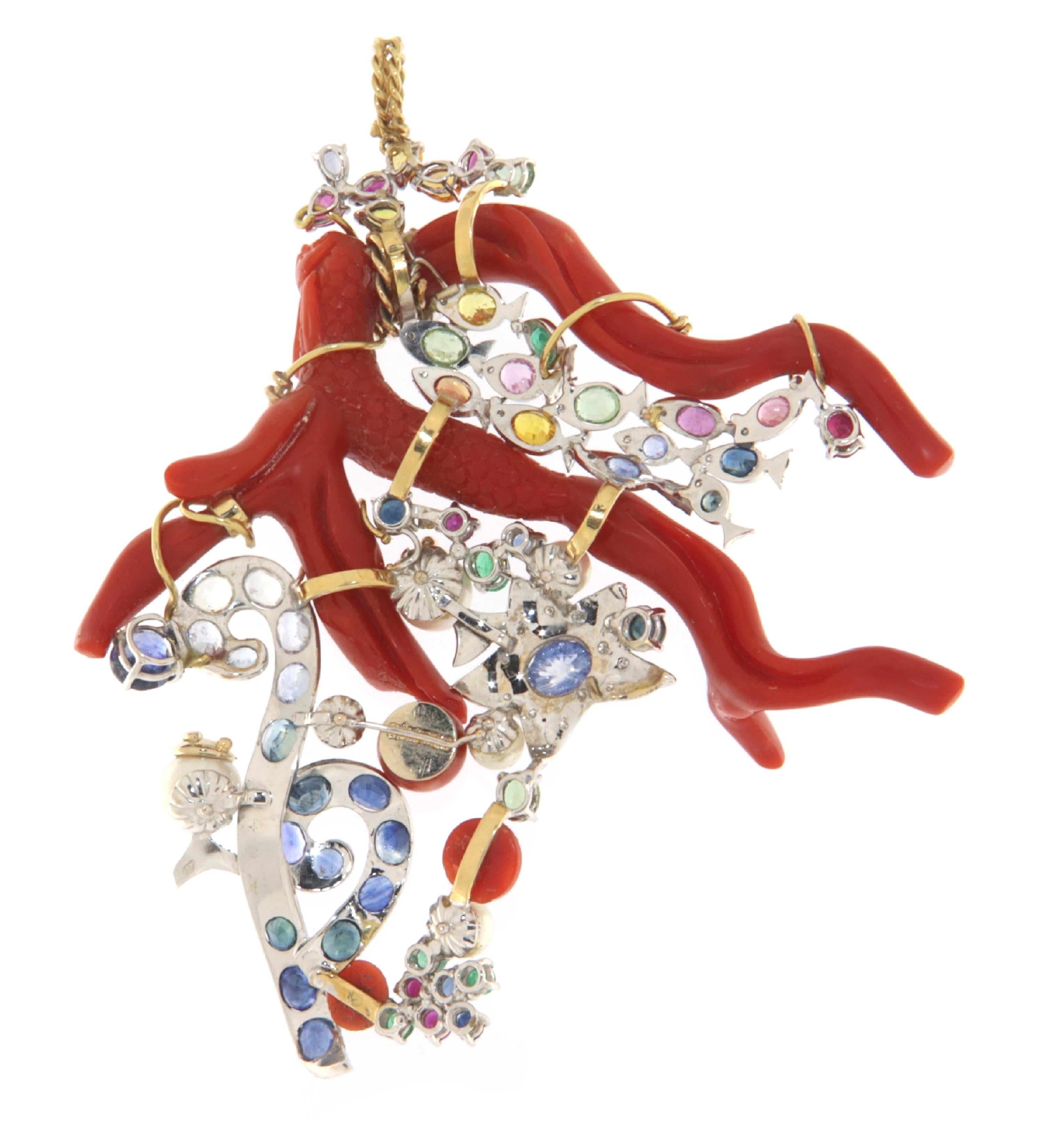 Women's or Men's Coral Diamonds Sapphires Rubies Emeralds Pearls 18 Karat Yellow Gold  Pendant For Sale