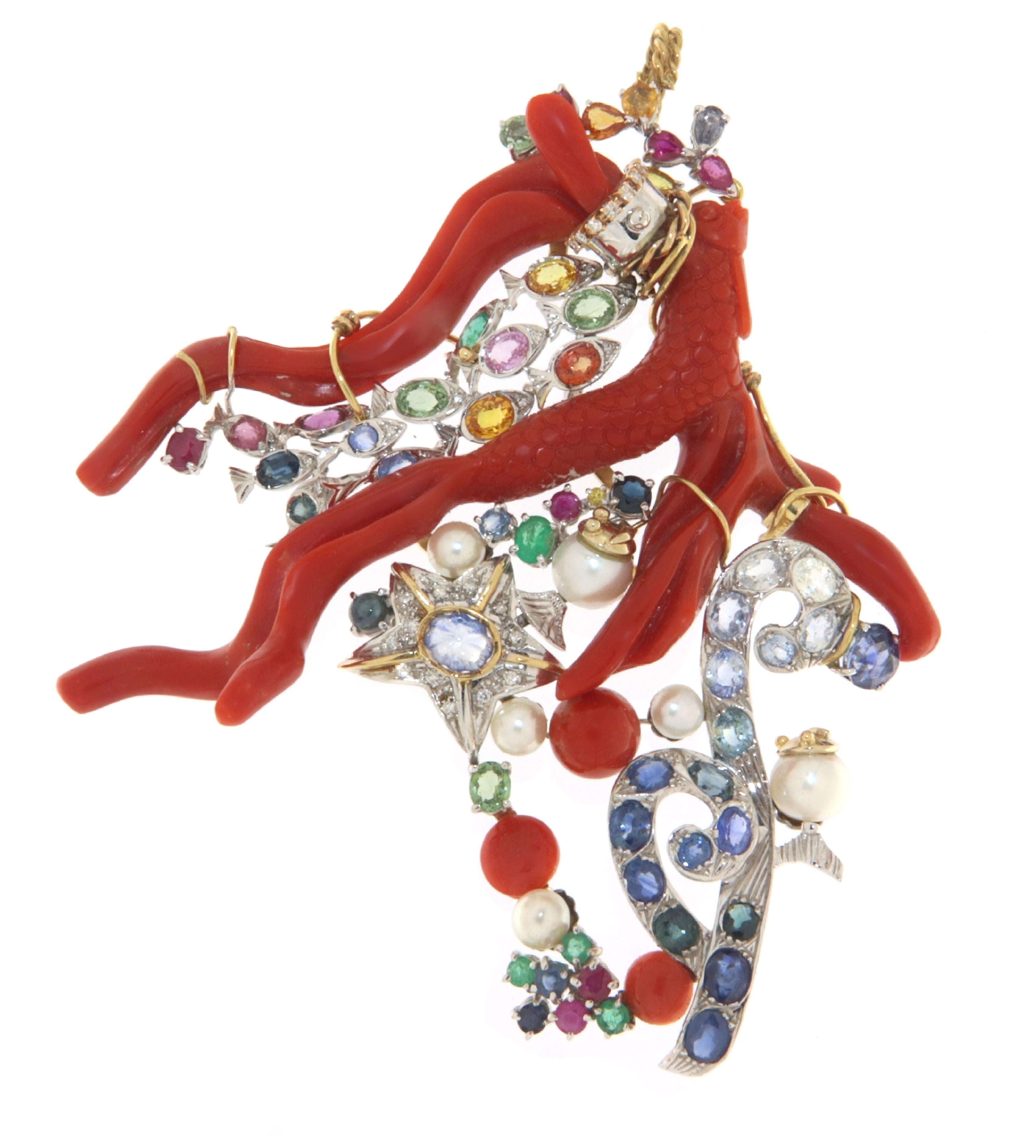 Coral Diamonds Sapphires Rubies Emeralds Pearls 18 Karat Yellow Gold  Pendant For Sale 1