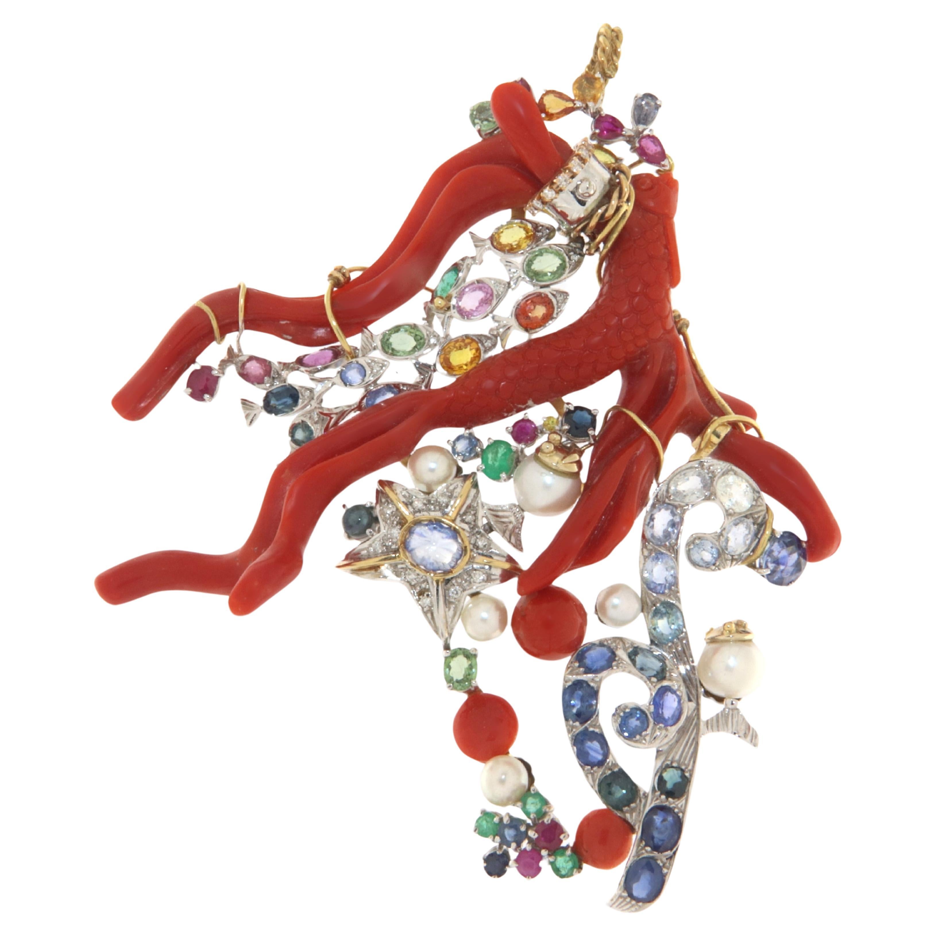 Coral Diamonds Sapphires Rubies Emeralds Pearls 18 Karat Yellow Gold  Pendant