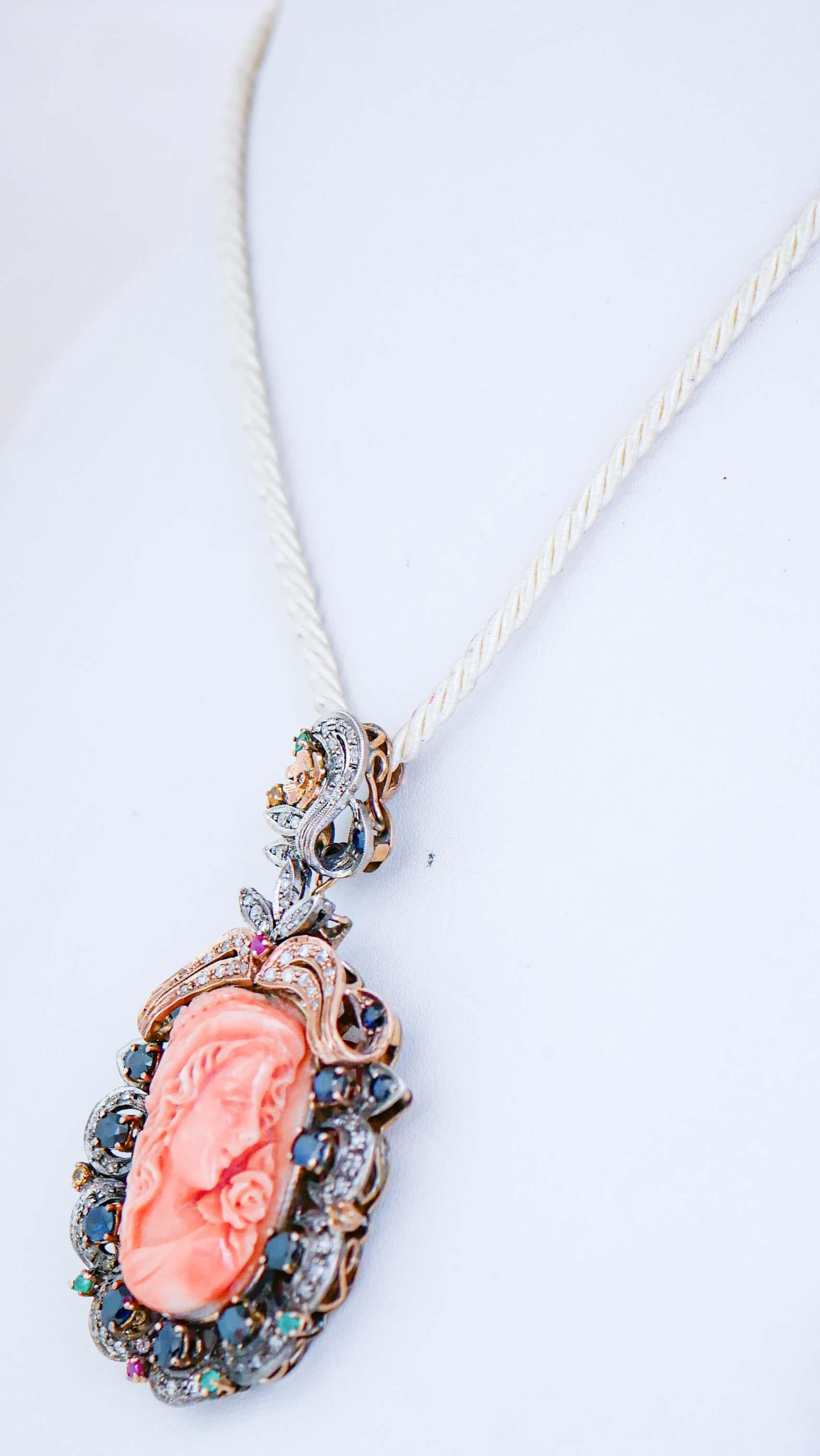 Retro Coral, Diamonds, Sapphires, Rubies, Emeralds, Rose Gold and Silver Pendant.