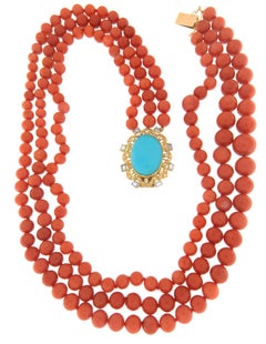 Coral Diamonds Sapphires Turquoise 18 Karat Yellow Gold Beaded Necklace
