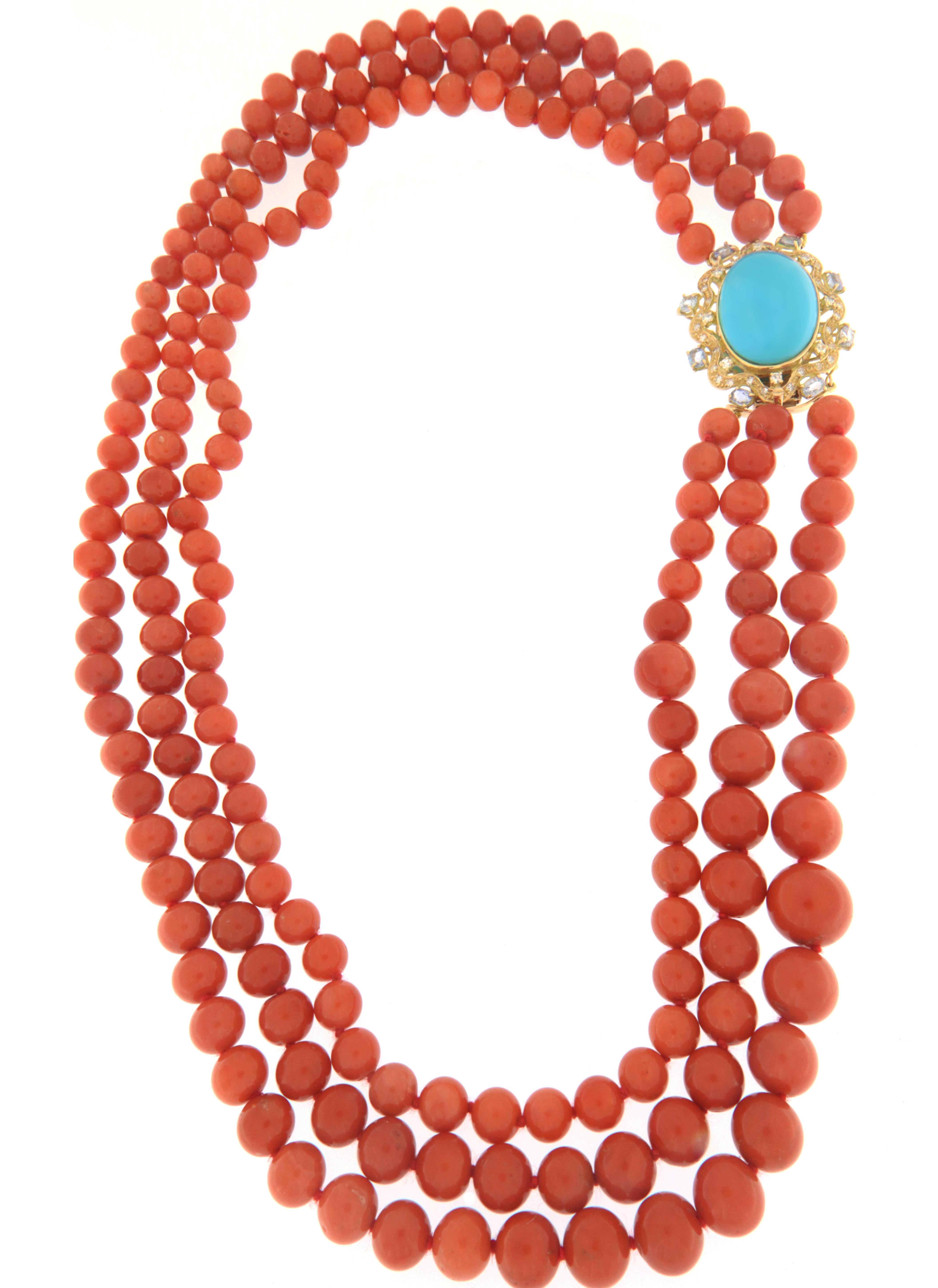 Contemporary Coral Diamonds Sapphires Turquoise 18 Karat Yellow Gold Beaded Necklace For Sale