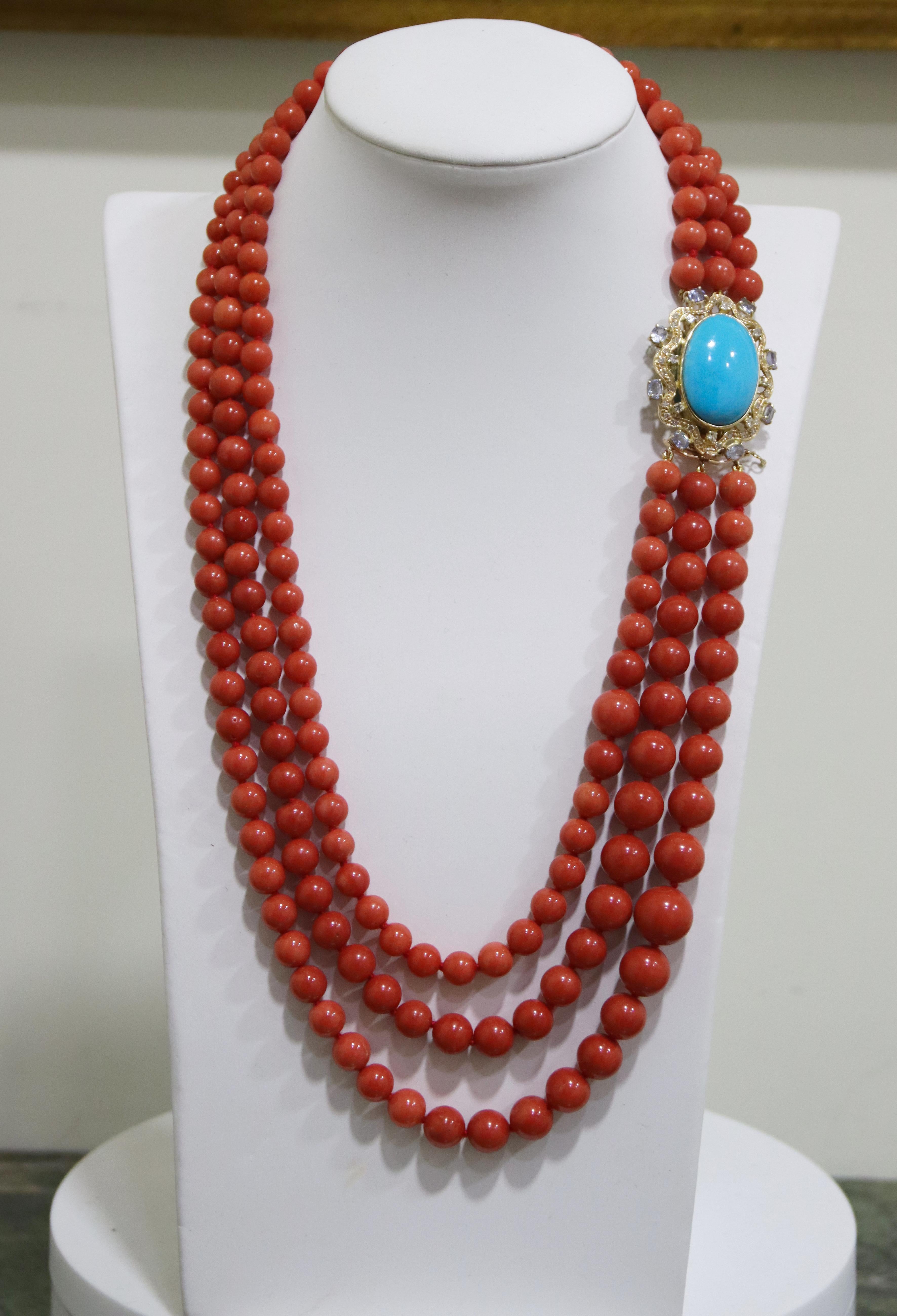 Mixed Cut Coral Diamonds Sapphires Turquoise 18 Karat Yellow Gold Beaded Necklace For Sale