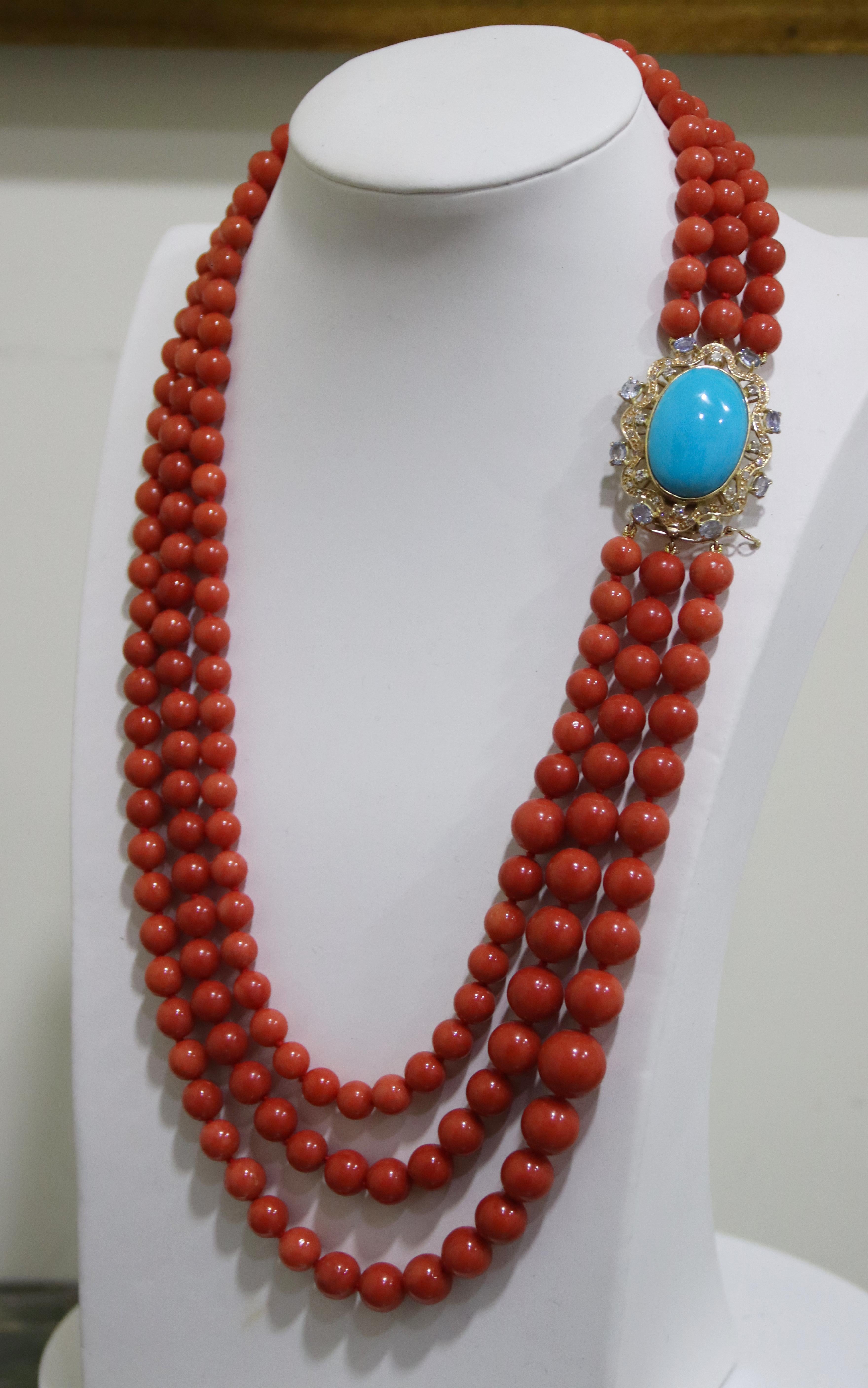 Coral Diamonds Sapphires Turquoise 18 Karat Yellow Gold Beaded Necklace In New Condition For Sale In Marcianise, IT