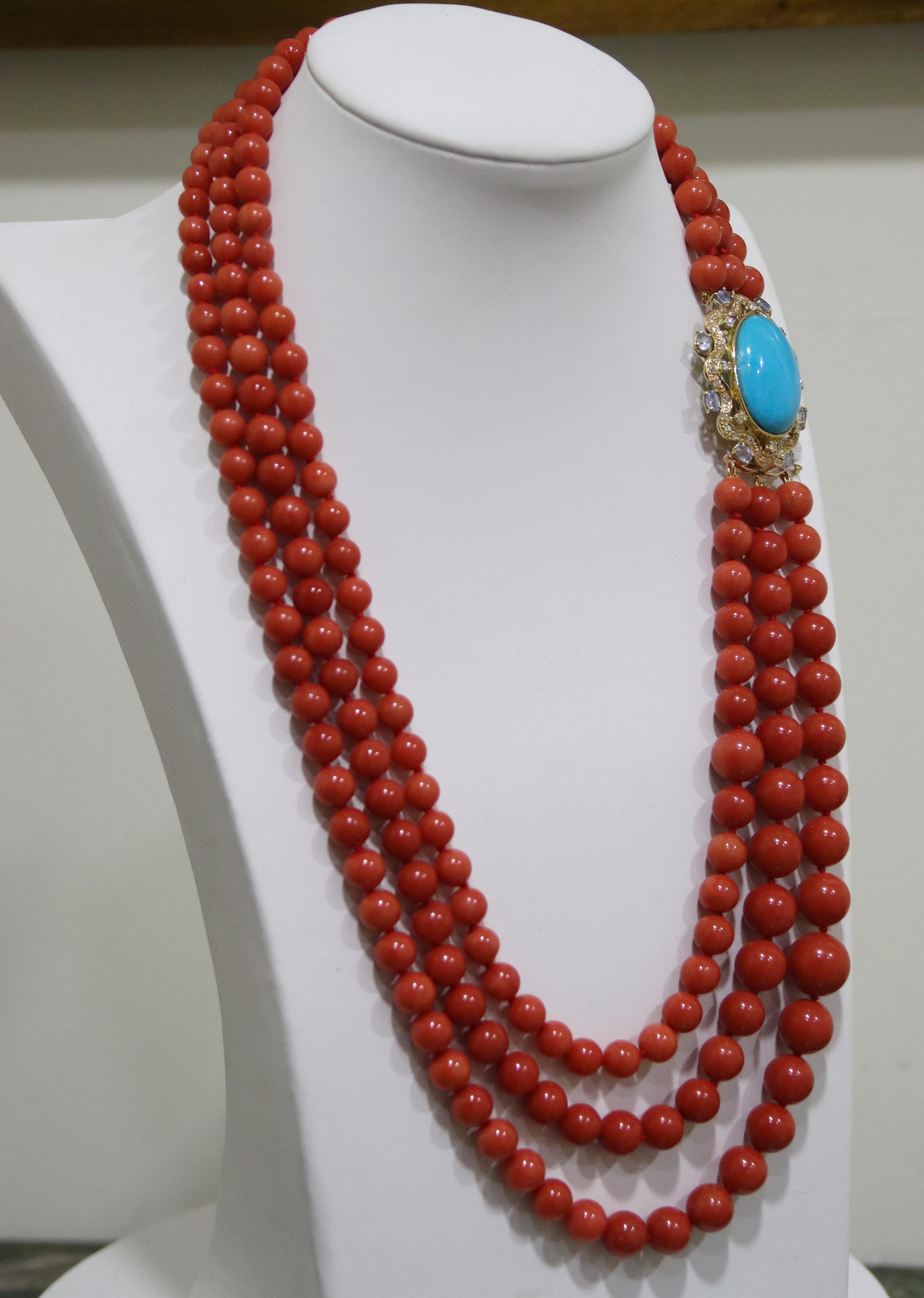 Women's Coral Diamonds Sapphires Turquoise 18 Karat Yellow Gold Beaded Necklace For Sale