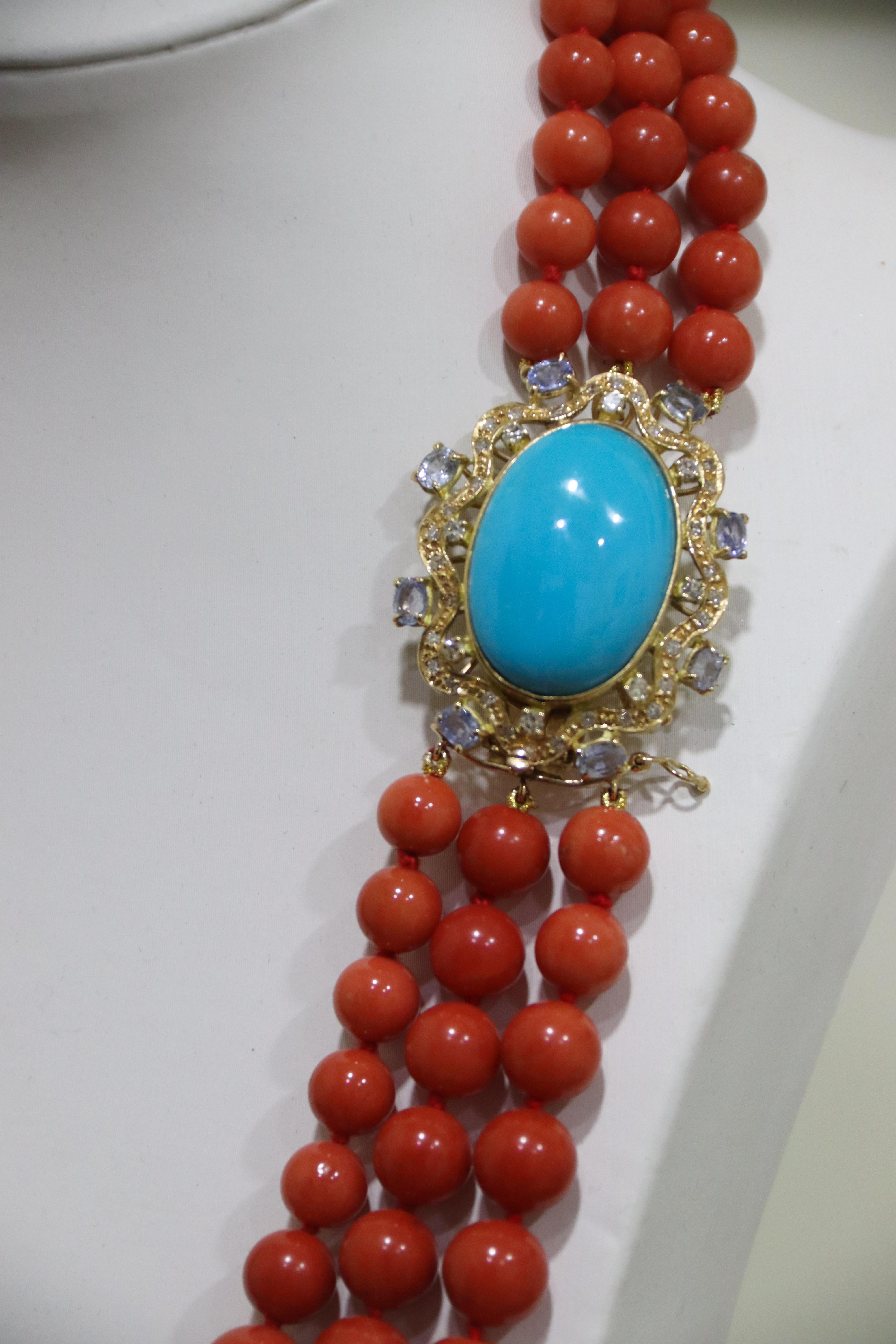 Coral Diamonds Sapphires Turquoise 18 Karat Yellow Gold Beaded Necklace For Sale 1